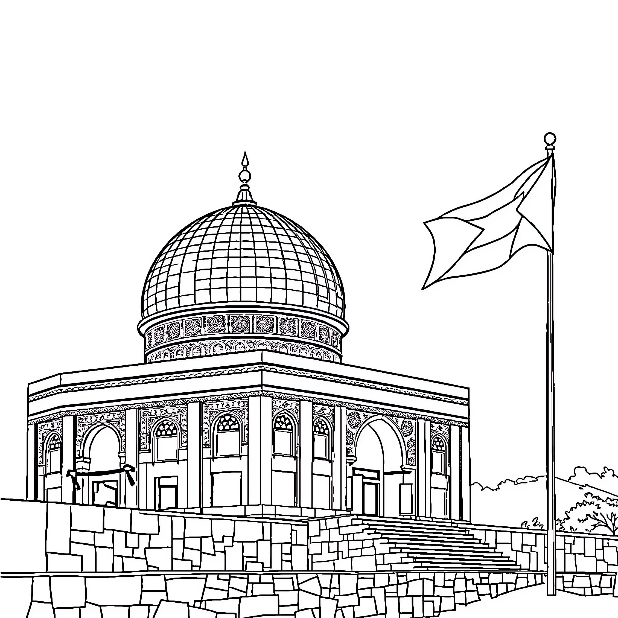Al Aqsa Masjid with Iconic Architectural Details Coloring Page (free black-and-white line drawing printable PDF for all, from beginners to advanced learners, including children, teens, adults, and seniors)