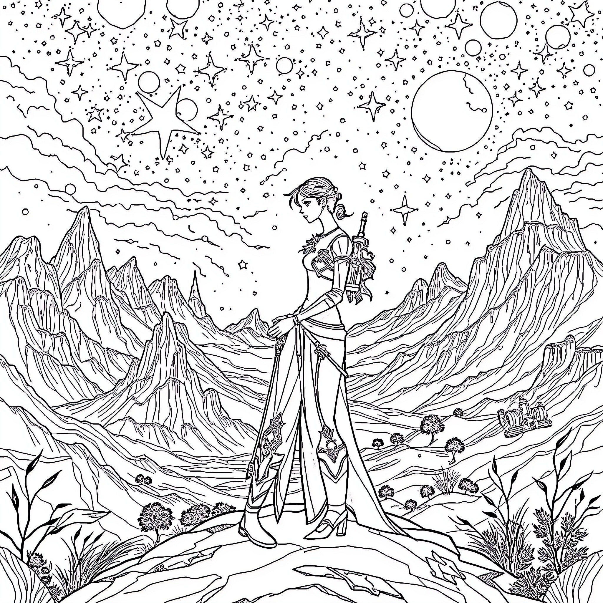 Couple gazing at the starry night sky Coloring Page (free black-and-white line drawing printable PDF for all, from beginners to advanced learners, including children, teens, adults, and seniors)