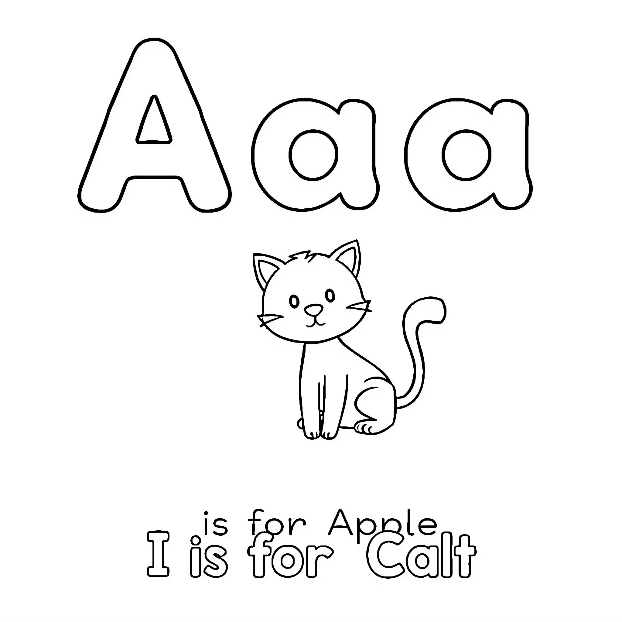 Alphabet letters and a cat with text Coloring Page (free black-and-white line drawing printable PDF for all, from beginners to advanced learners, including children, teens, adults, and seniors)