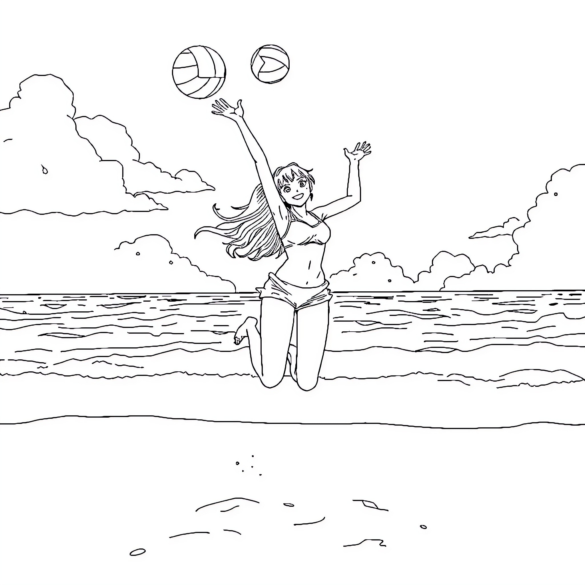 Nami playing beach volleyball on the shore Coloring Page (free black-and-white line drawing printable PDF for all, from beginners to advanced learners, including children, teens, adults, and seniors)