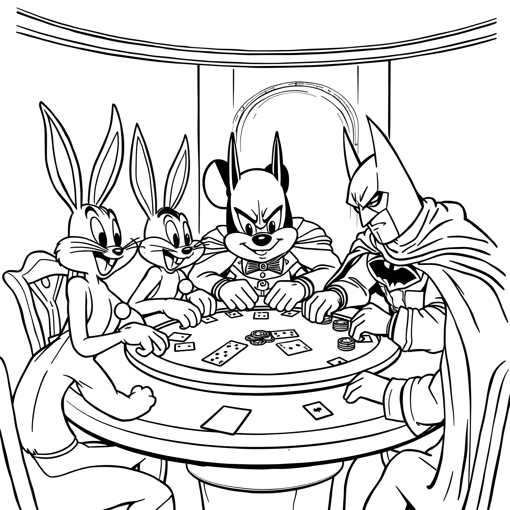 Character Playing Cards at the Gambling Table Coloring Page (free black-and-white line drawing printable PDF for all, from beginners to advanced learners, including children, teens, adults, and seniors)