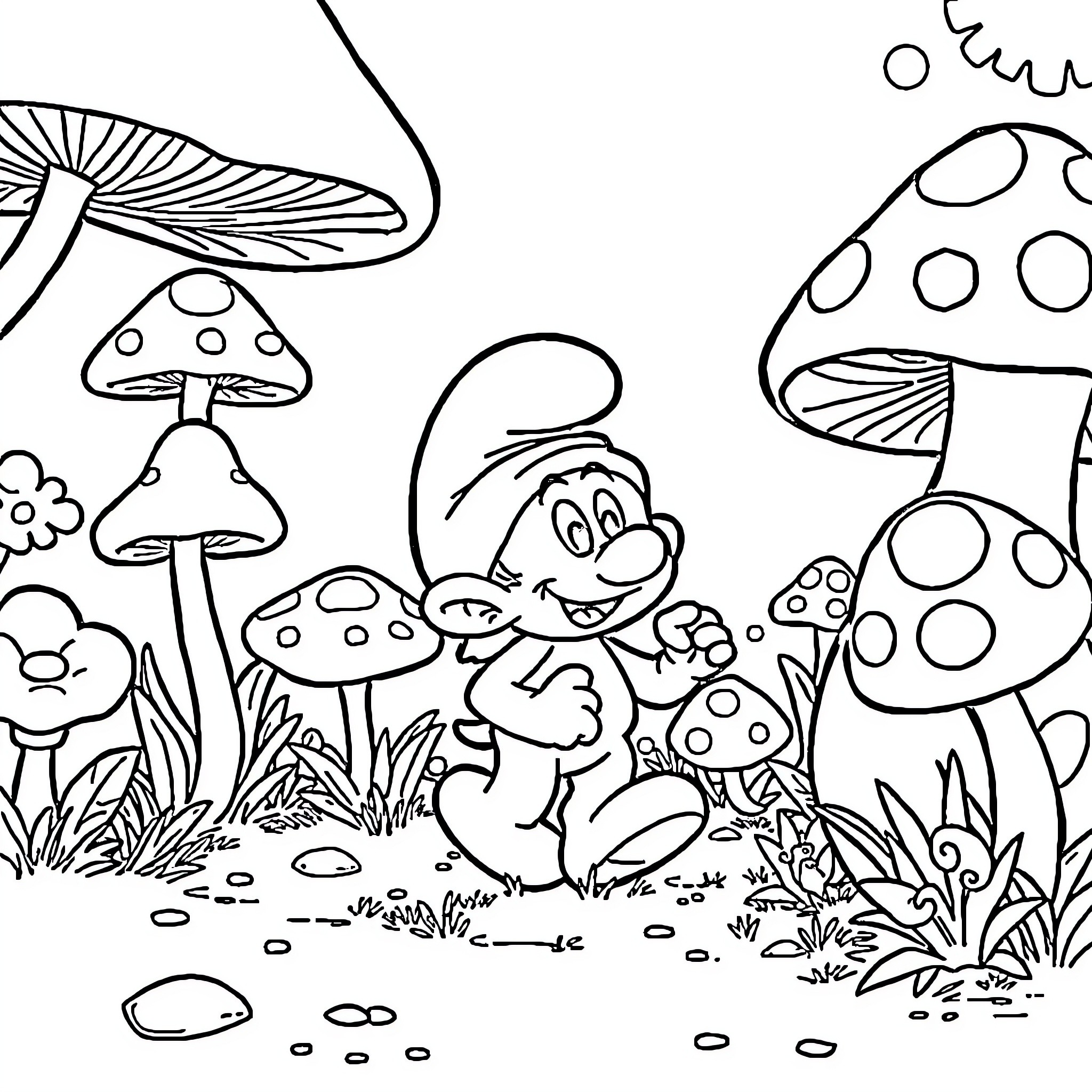 Smurf characters in a whimsical mushroom forest Coloring Page (free black-and-white line drawing printable PDF for all, from beginners to advanced learners, including children, teens, adults, and seniors)