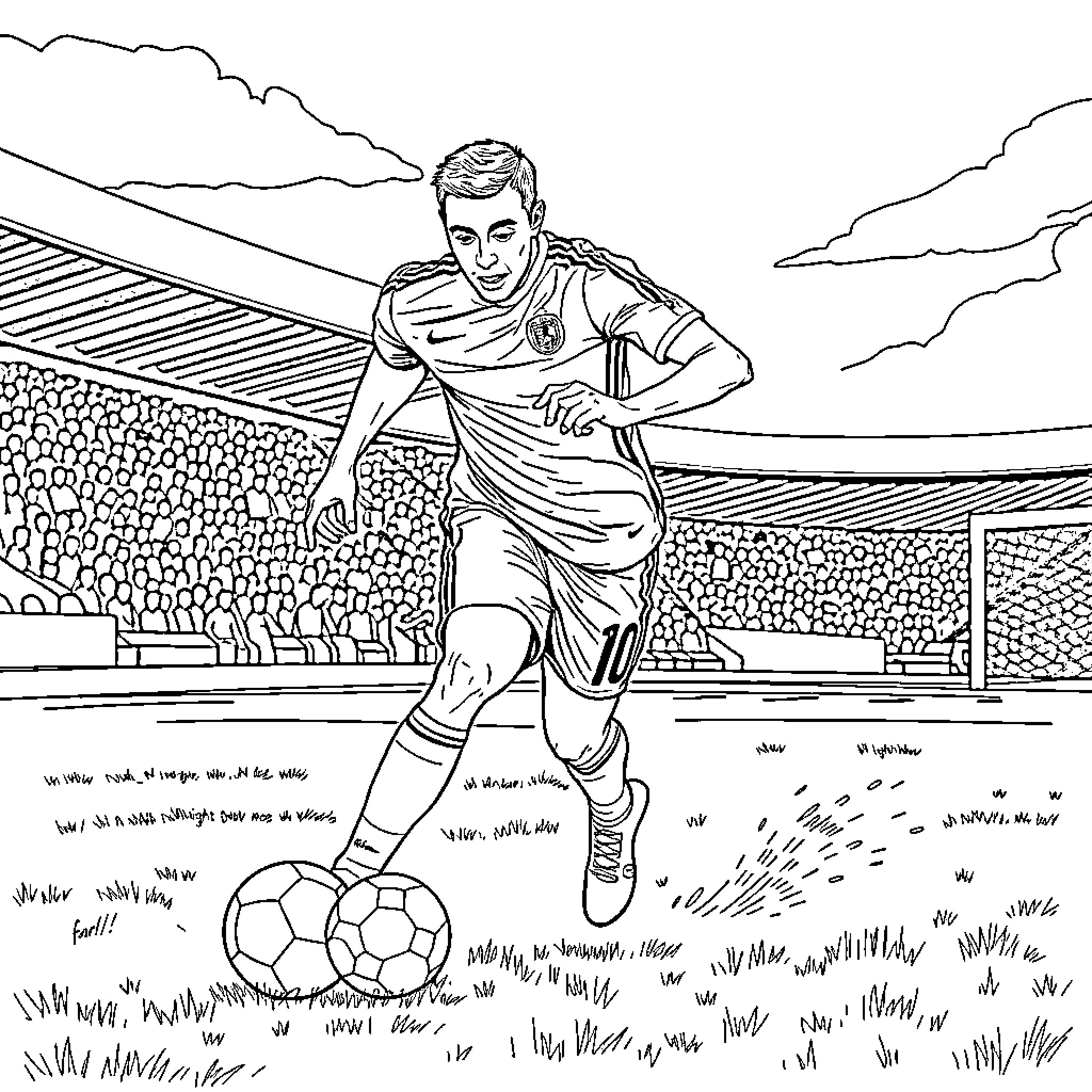 Raphinha dribbling on the soccer field Coloring Page (free black-and-white line drawing printable PDF for all, from beginners to advanced learners, including children, teens, adults, and seniors)