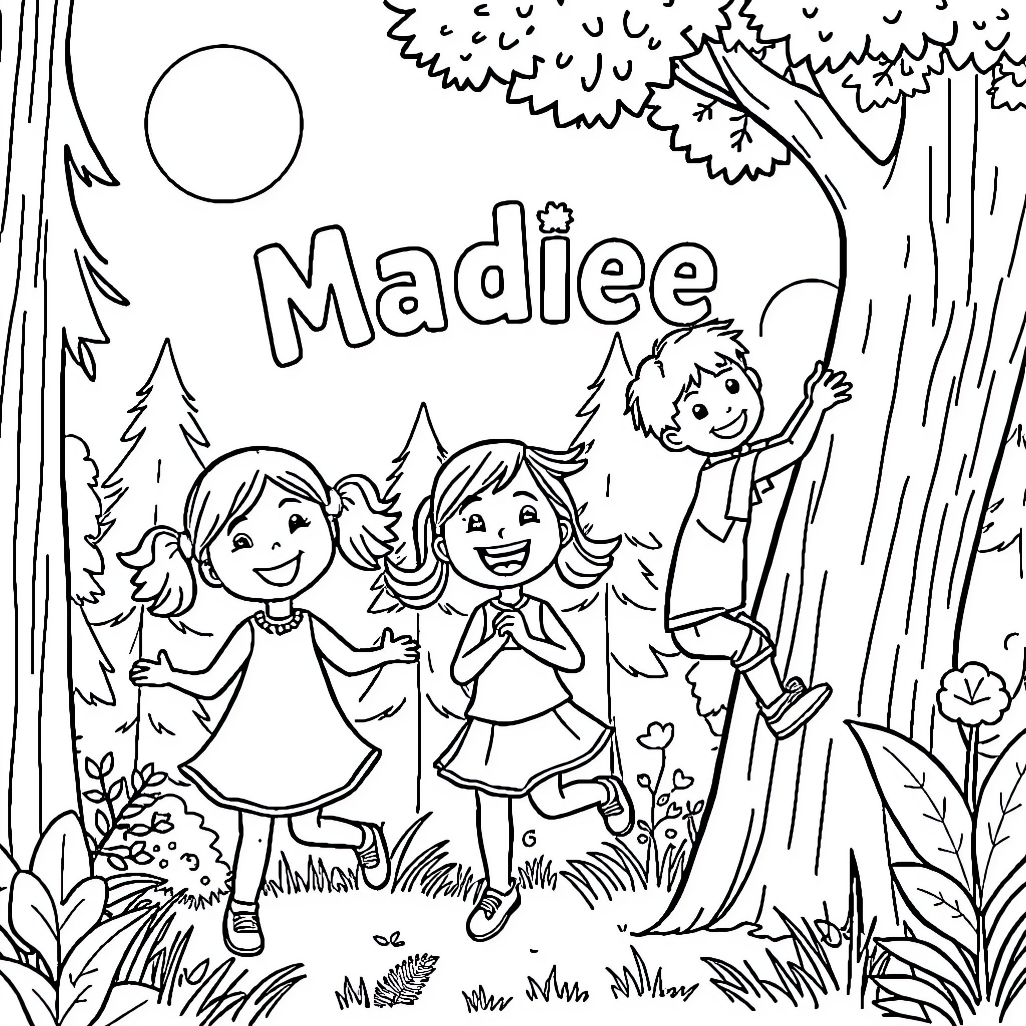 Kid friends playing and exploring outdoors Coloring Page (free black-and-white line drawing printable PDF for all, from beginners to advanced learners, including children, teens, adults, and seniors)