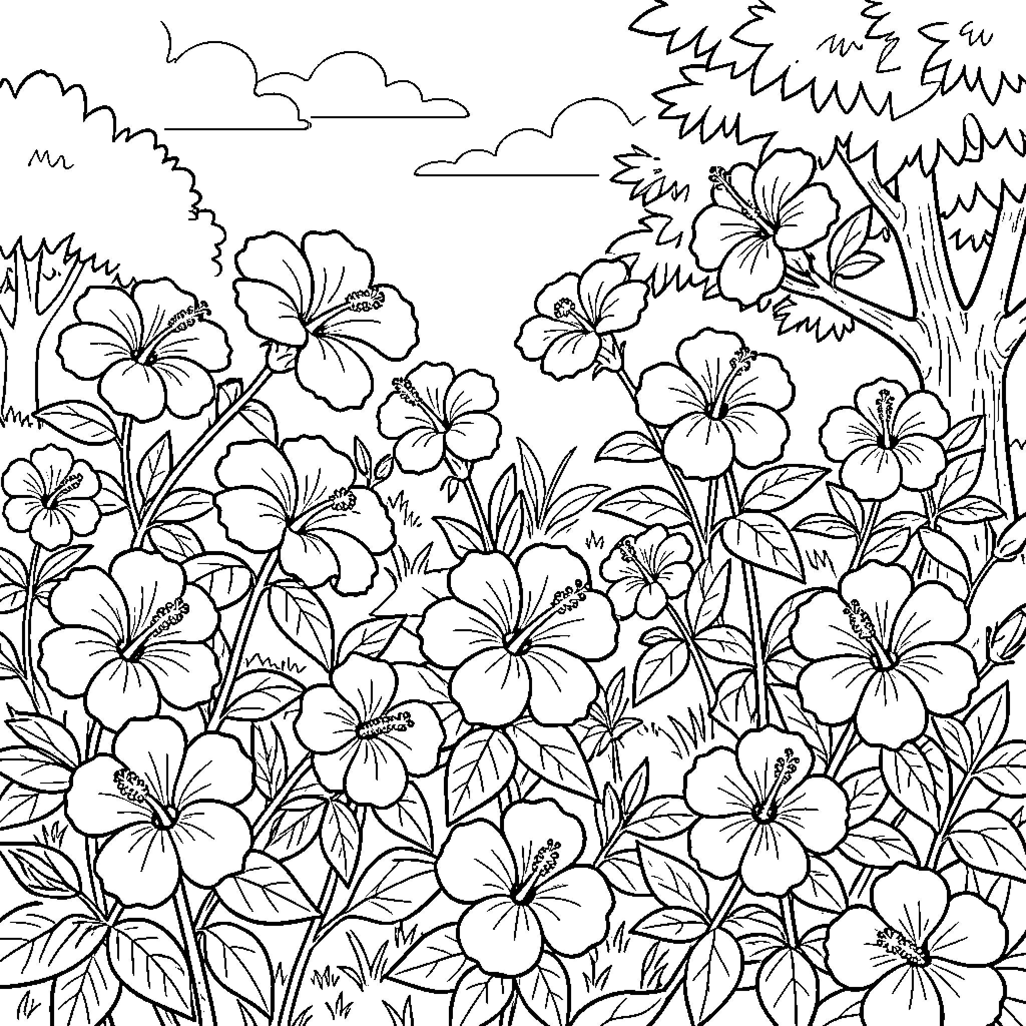 Hibiscus flowers blooming in a lush garden landscape Coloring Page (free black-and-white line drawing printable PDF for all, from beginners to advanced learners, including children, teens, adults, and seniors)