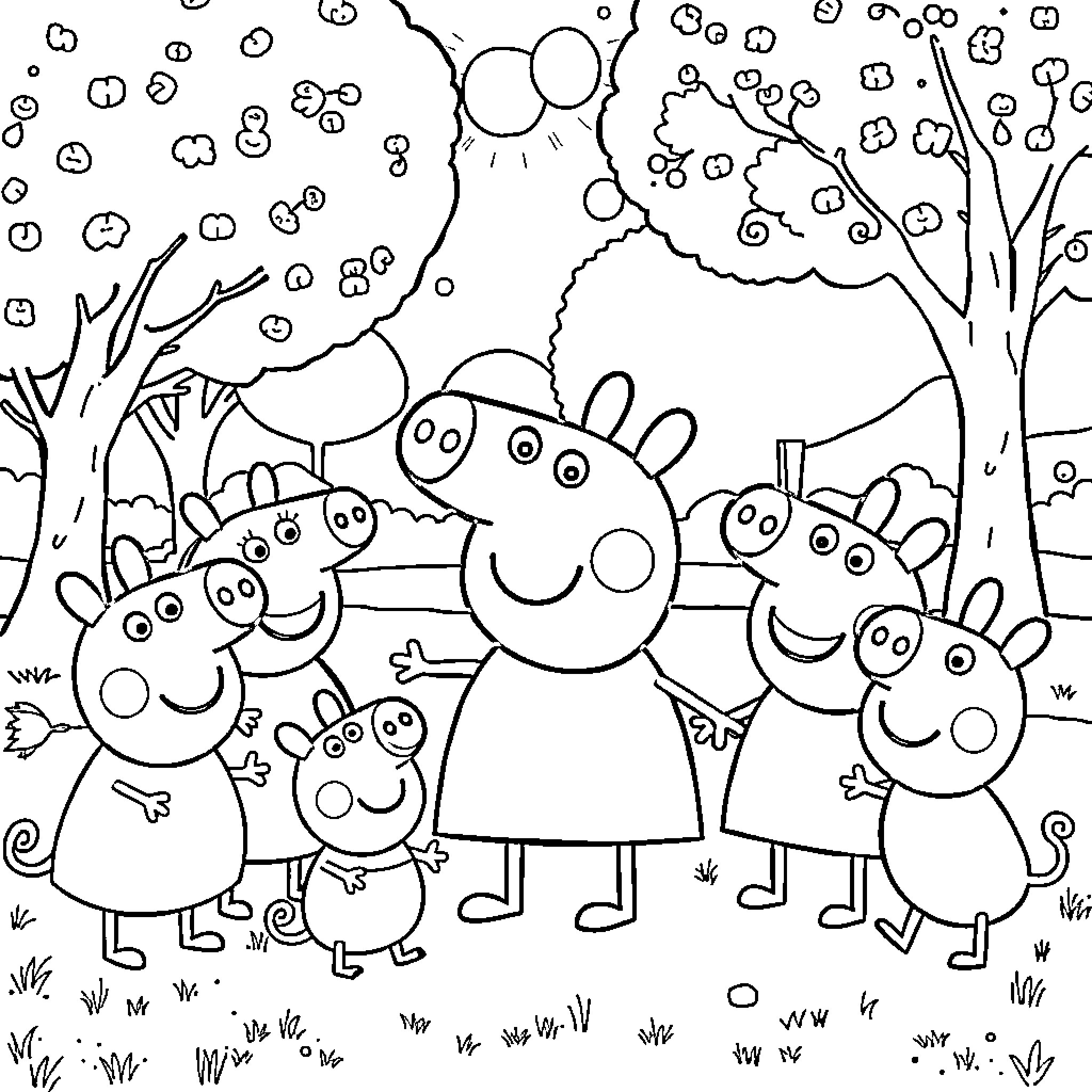 Peppa Pig and her family enjoying a day outdoors Coloring Page (free black-and-white line drawing printable PDF for all, from beginners to advanced learners, including children, teens, adults, and seniors)