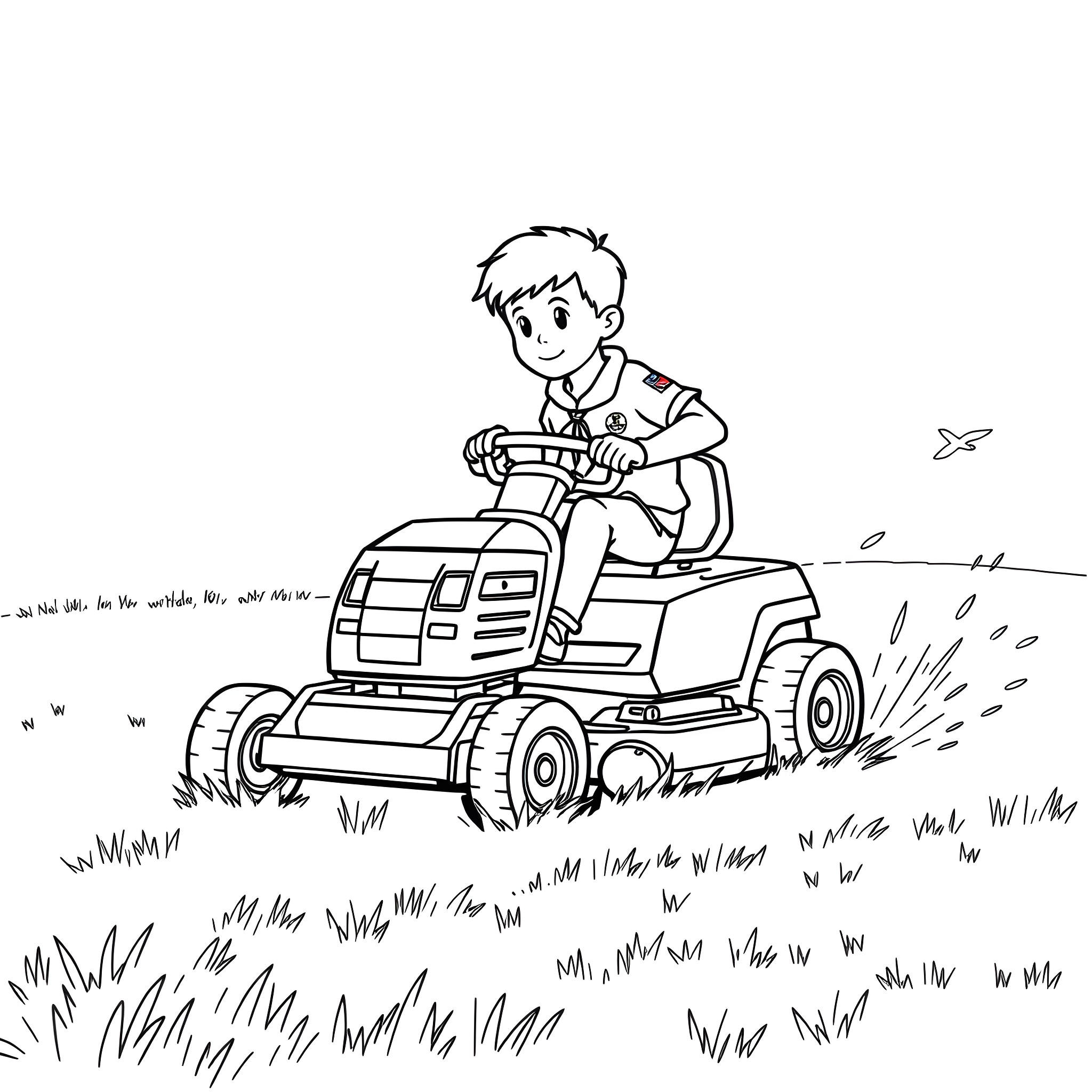 Boy Scout riding lawn mower in grassy field Coloring Page (free black-and-white line drawing printable PDF for all, from beginners to advanced learners, including children, teens, adults, and seniors)