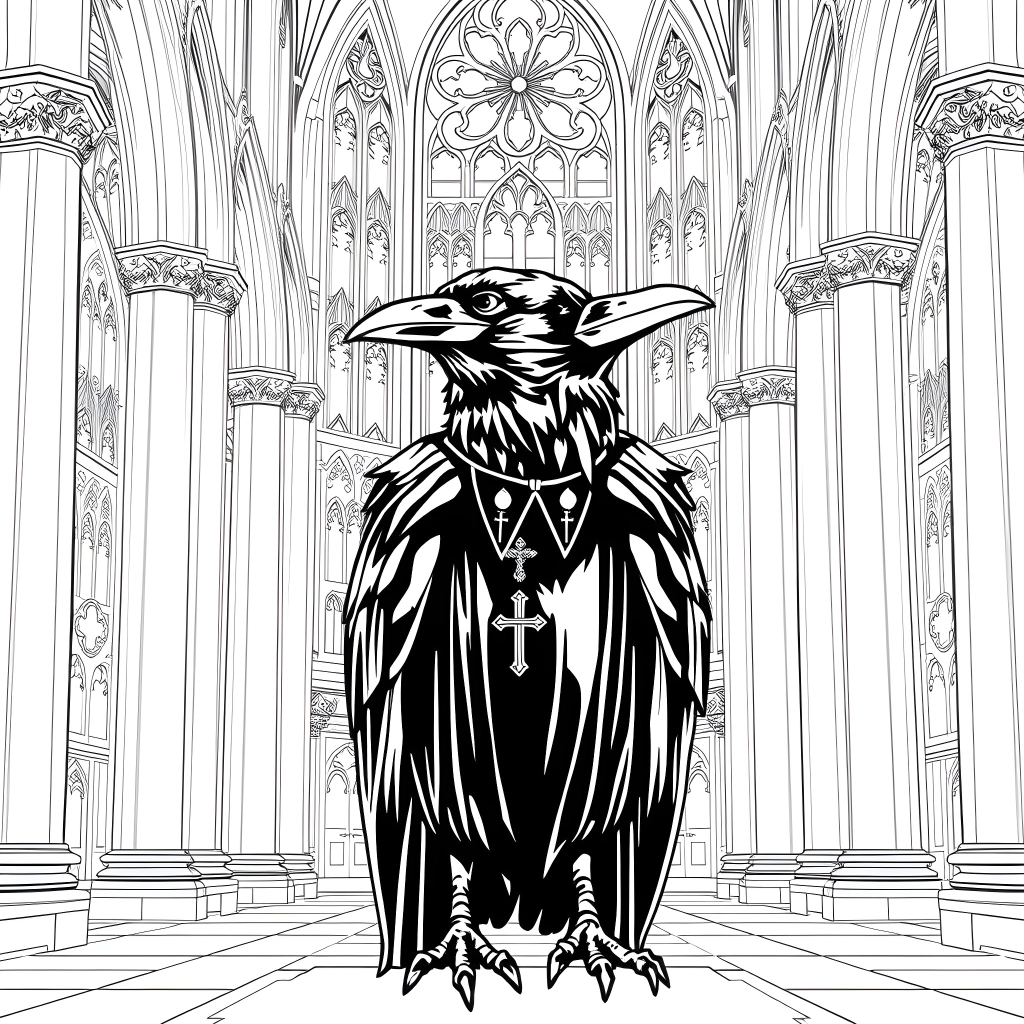 Raven in Gothic Cathedral Coloring Page (free black-and-white line drawing printable PDF for all, from beginners to advanced learners, including children, teens, adults, and seniors)