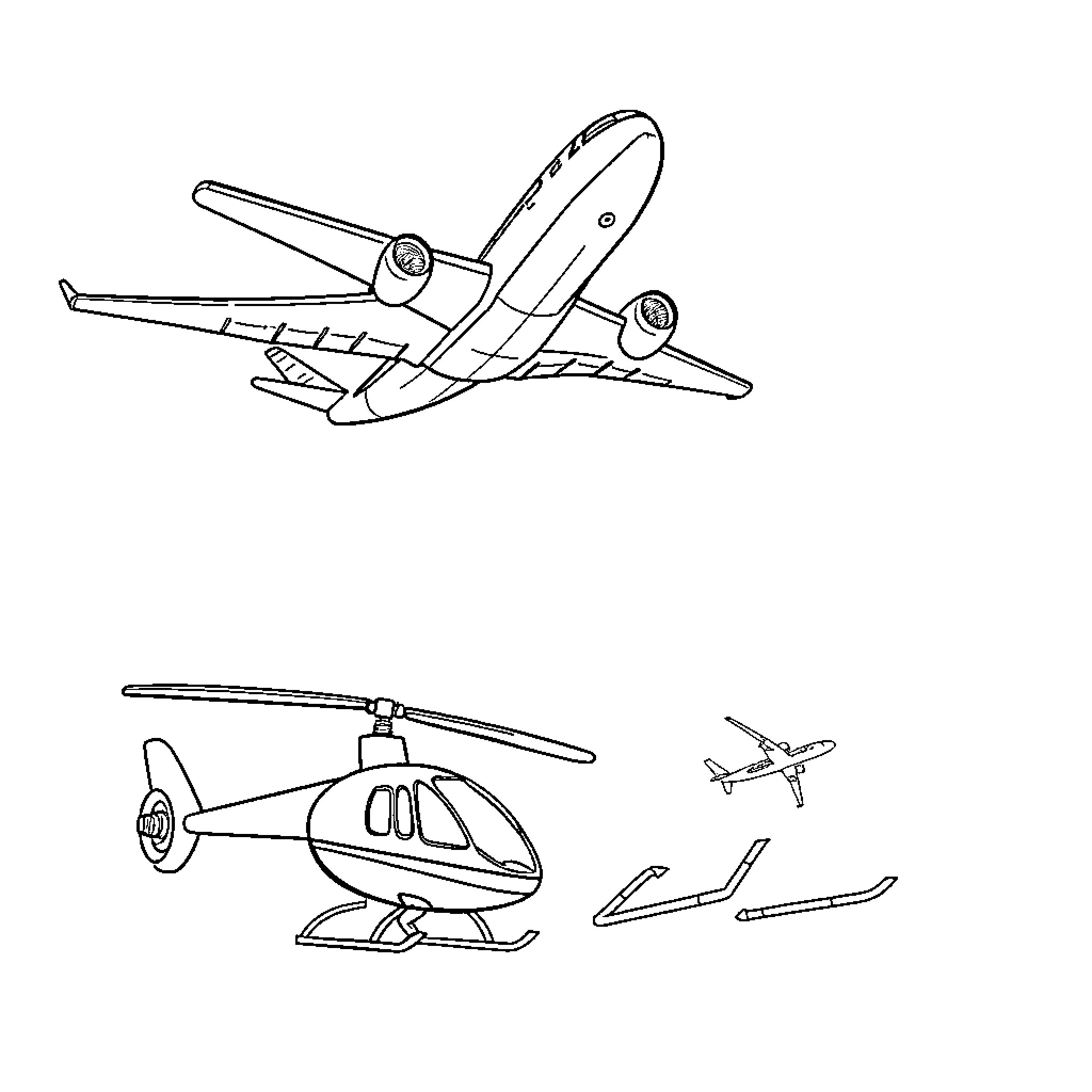 Air Transport Vehicles in Motion Coloring Page (free black-and-white line drawing printable PDF for all, from beginners to advanced learners, including children, teens, adults, and seniors)