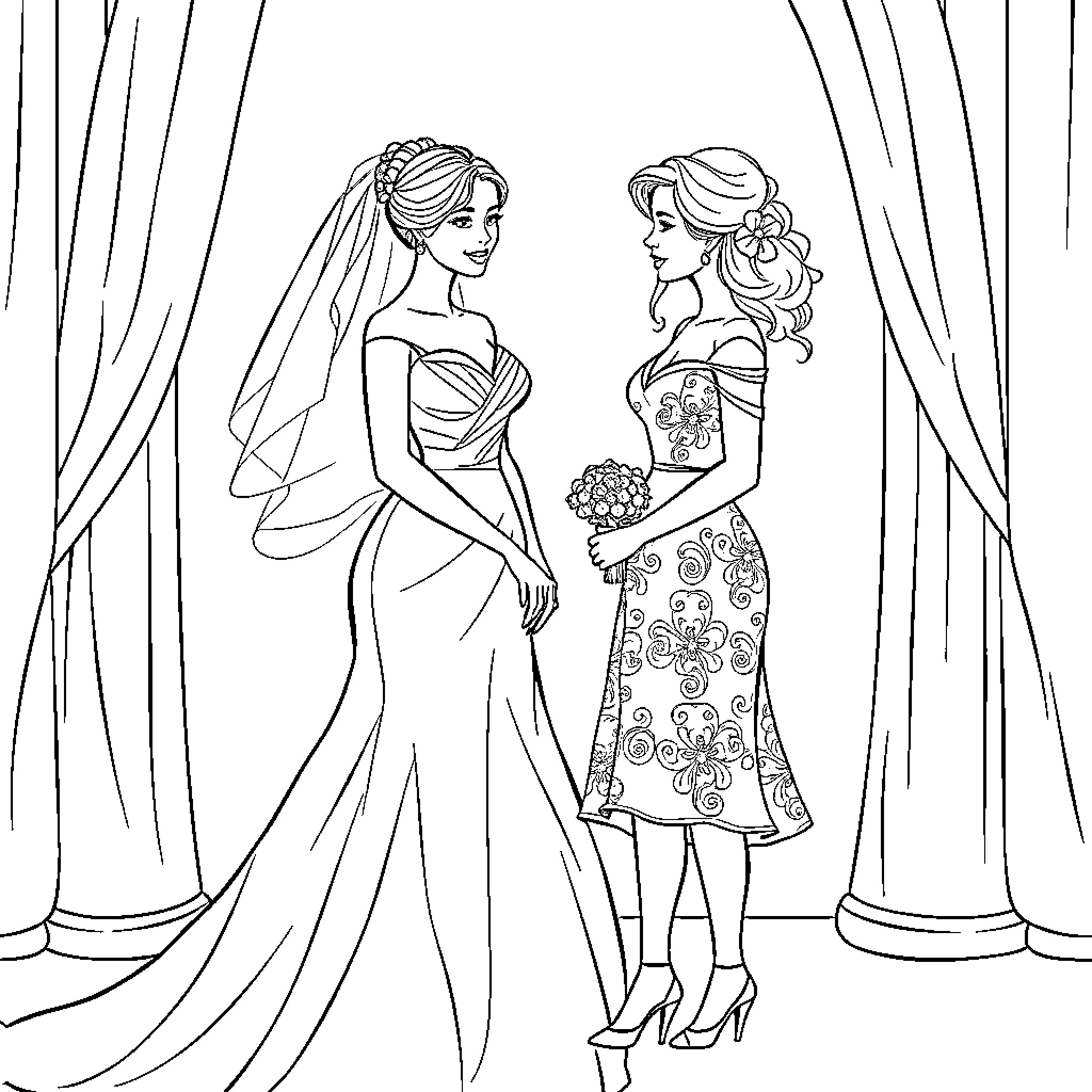 Bride Posing with Bridesmaid in Elegant Attire Coloring Page (free black-and-white line drawing printable PDF for all, from beginners to advanced learners, including children, teens, adults, and seniors)
