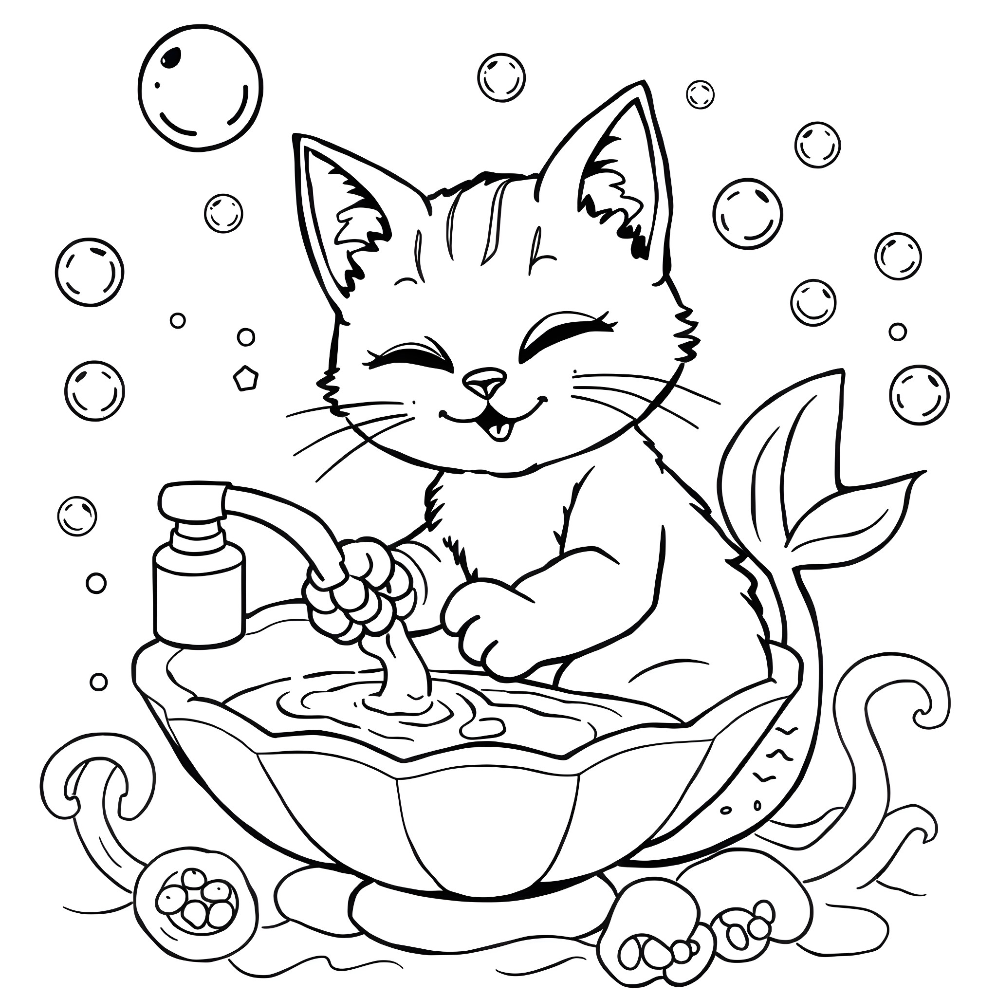 Mermaid Cat enjoying a relaxing bubble bath Coloring Page (free black-and-white line drawing printable PDF for all, from beginners to advanced learners, including children, teens, adults, and seniors)