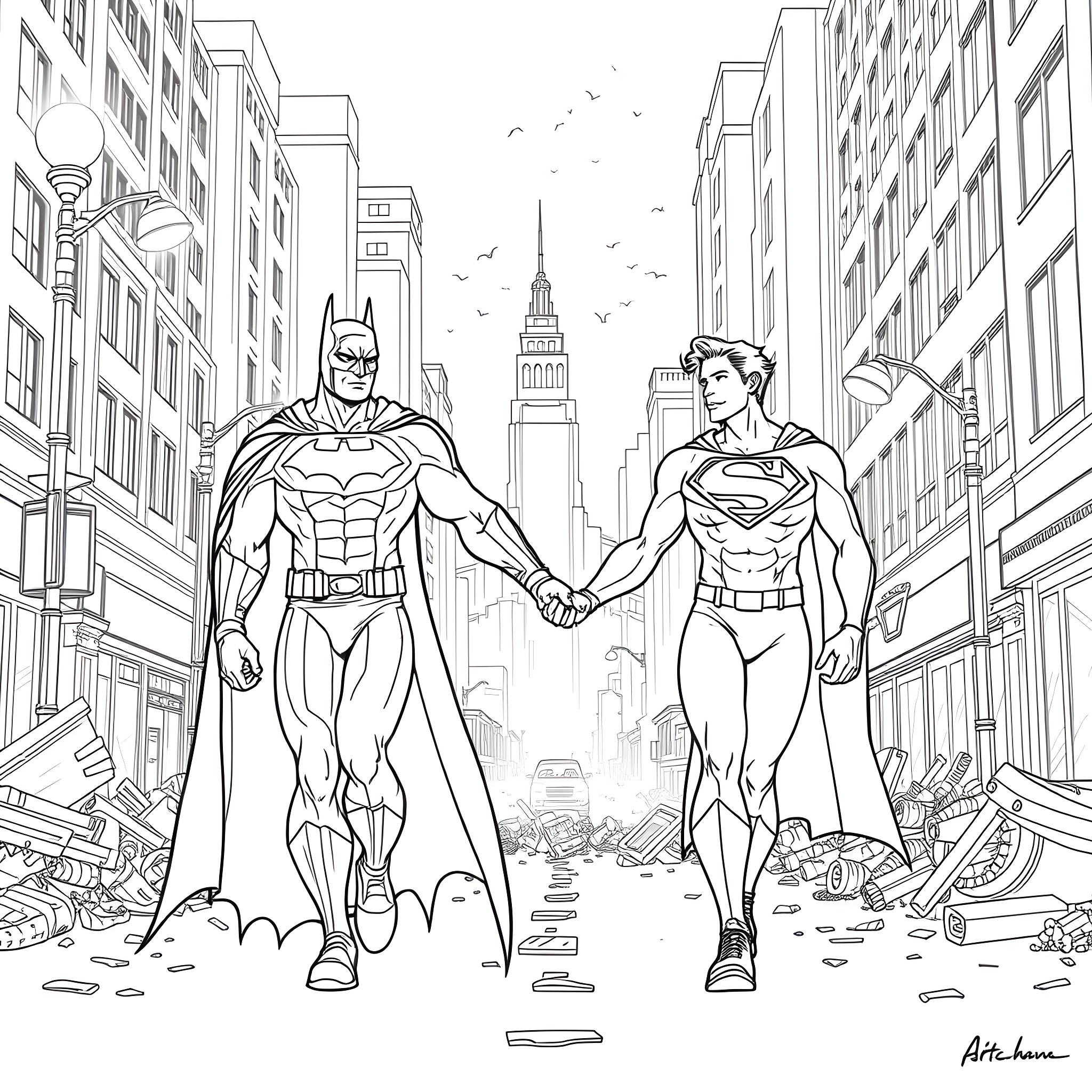 Batman and Superman standing together in the city Coloring Page (free black-and-white line drawing printable PDF for all, from beginners to advanced learners, including children, teens, adults, and seniors)
