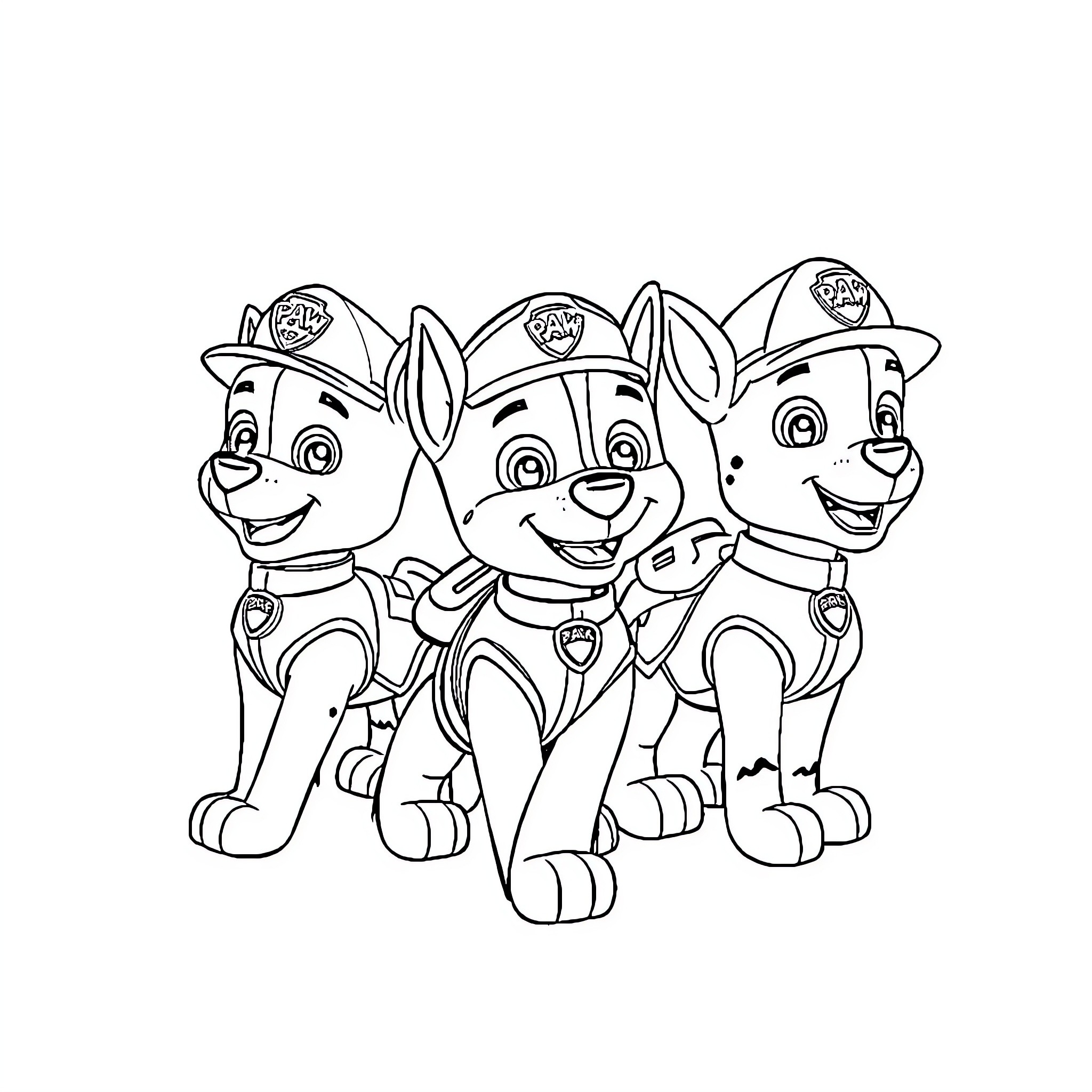 Paw Patrol Pups in Uniform Posing Happily Coloring Page (free black-and-white line drawing printable PDF for all, from beginners to advanced learners, including children, teens, adults, and seniors)