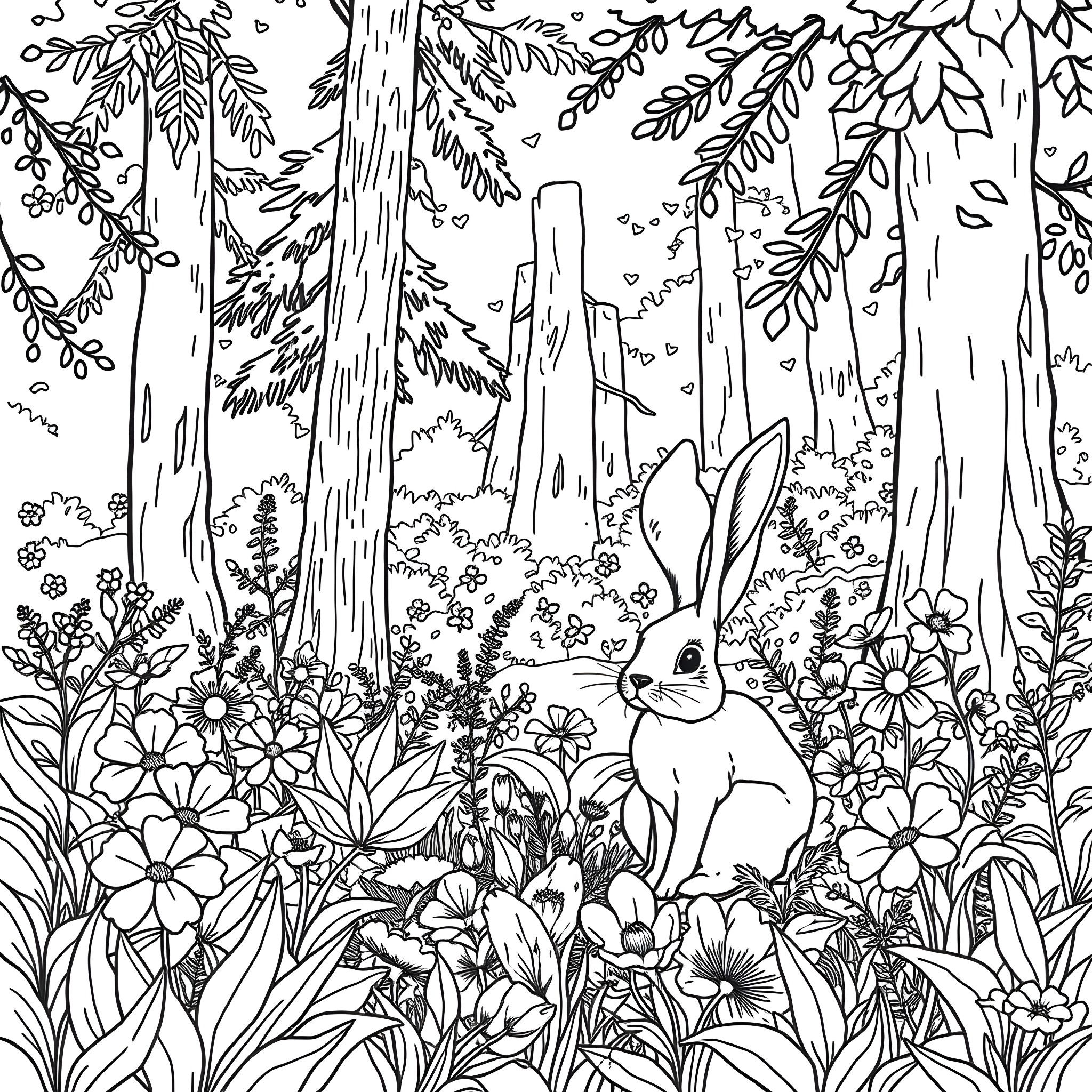 Rabbit in a whimsical forest Coloring Page (free black-and-white line drawing printable PDF for all, from beginners to advanced learners, including children, teens, adults, and seniors)