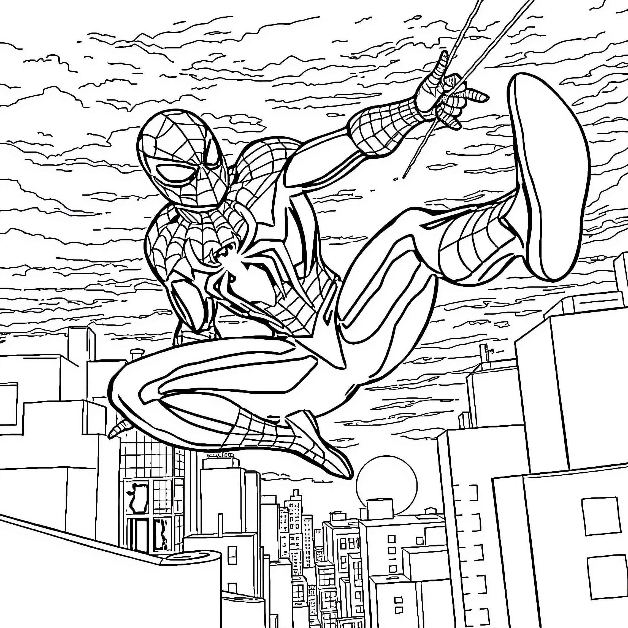 Spider-Man swinging through the city skyline Coloring Page (free black-and-white line drawing printable PDF for all, from beginners to advanced learners, including children, teens, adults, and seniors)