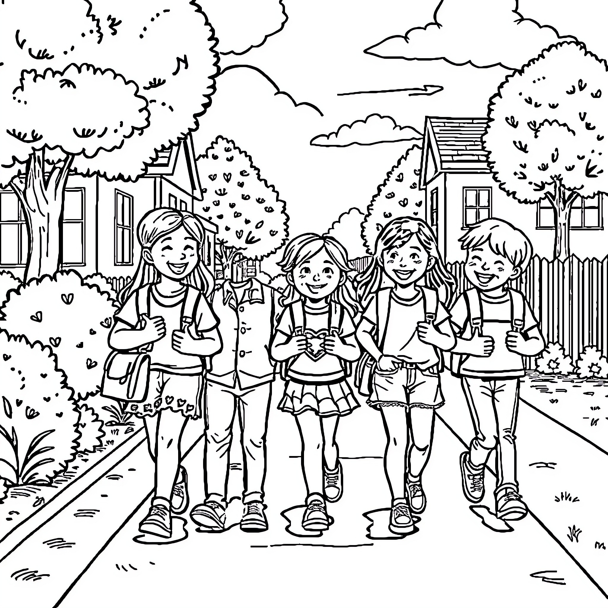 School friends walking together outdoors Coloring Page (free black-and-white line drawing printable PDF for all, from beginners to advanced learners, including children, teens, adults, and seniors)