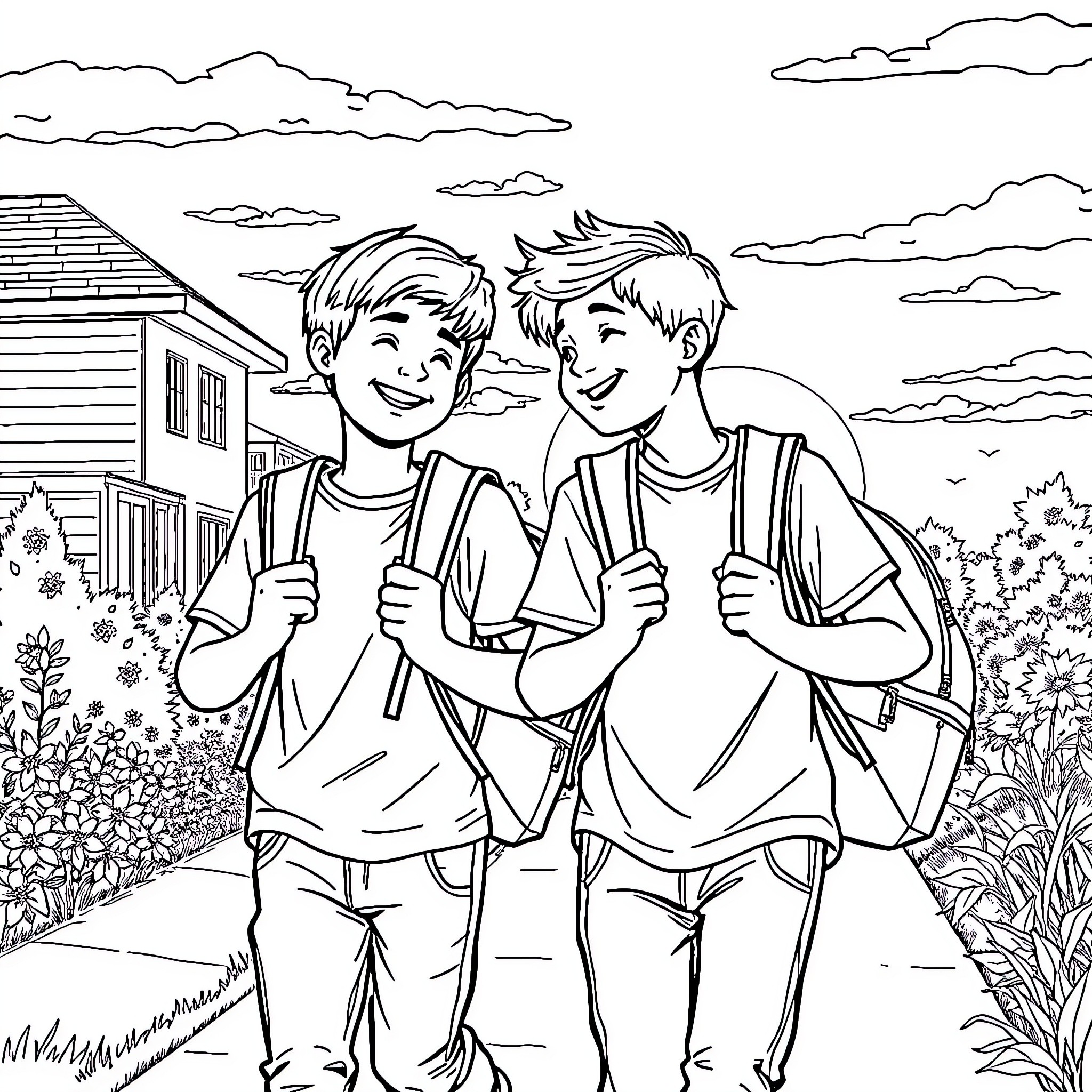 Boy friends walking together in the neighborhood Coloring Page (free black-and-white line drawing printable PDF for all, from beginners to advanced learners, including children, teens, adults, and seniors)