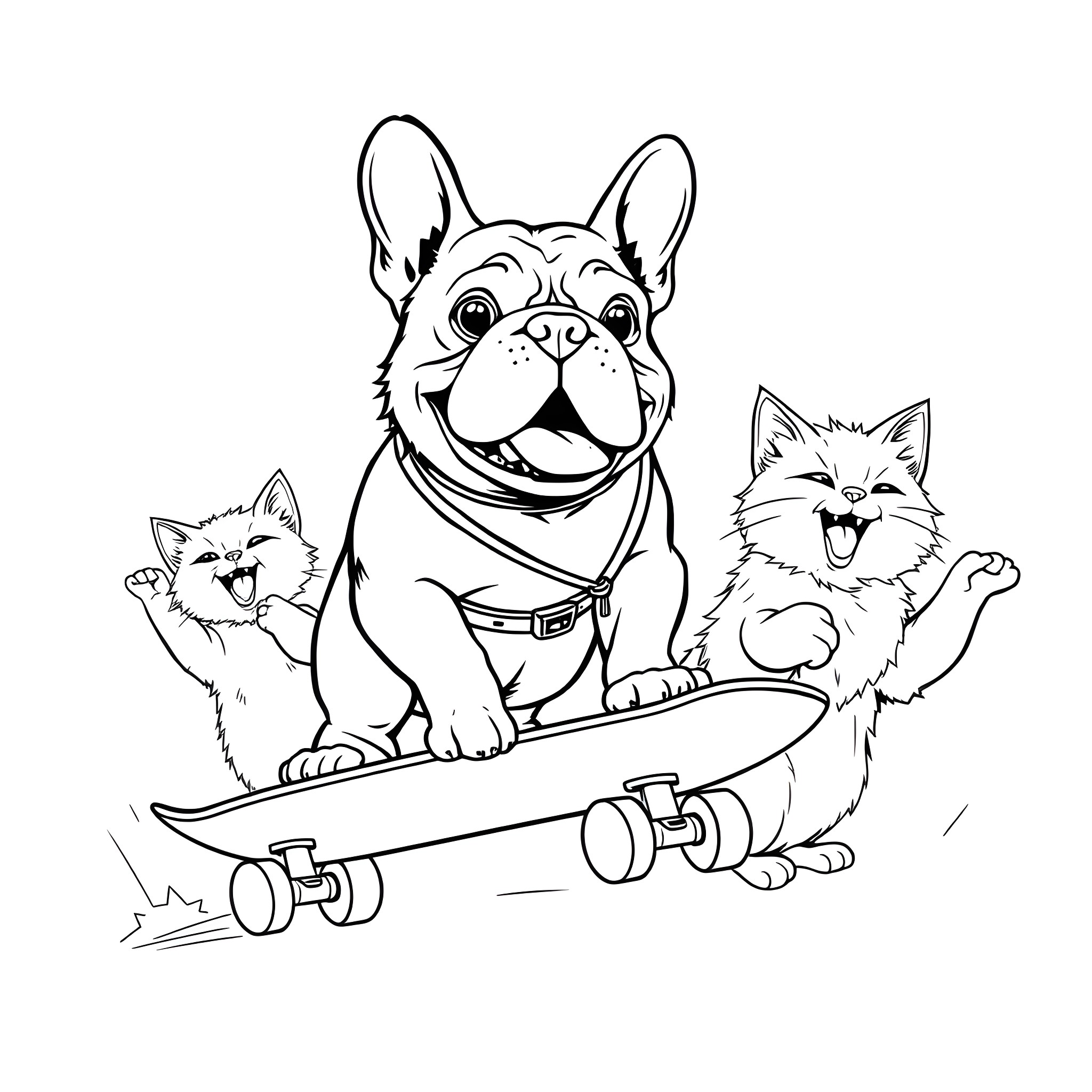 Bulldog and friends playing on skateboard Coloring Page (free black-and-white line drawing printable PDF for all, from beginners to advanced learners, including children, teens, adults, and seniors)