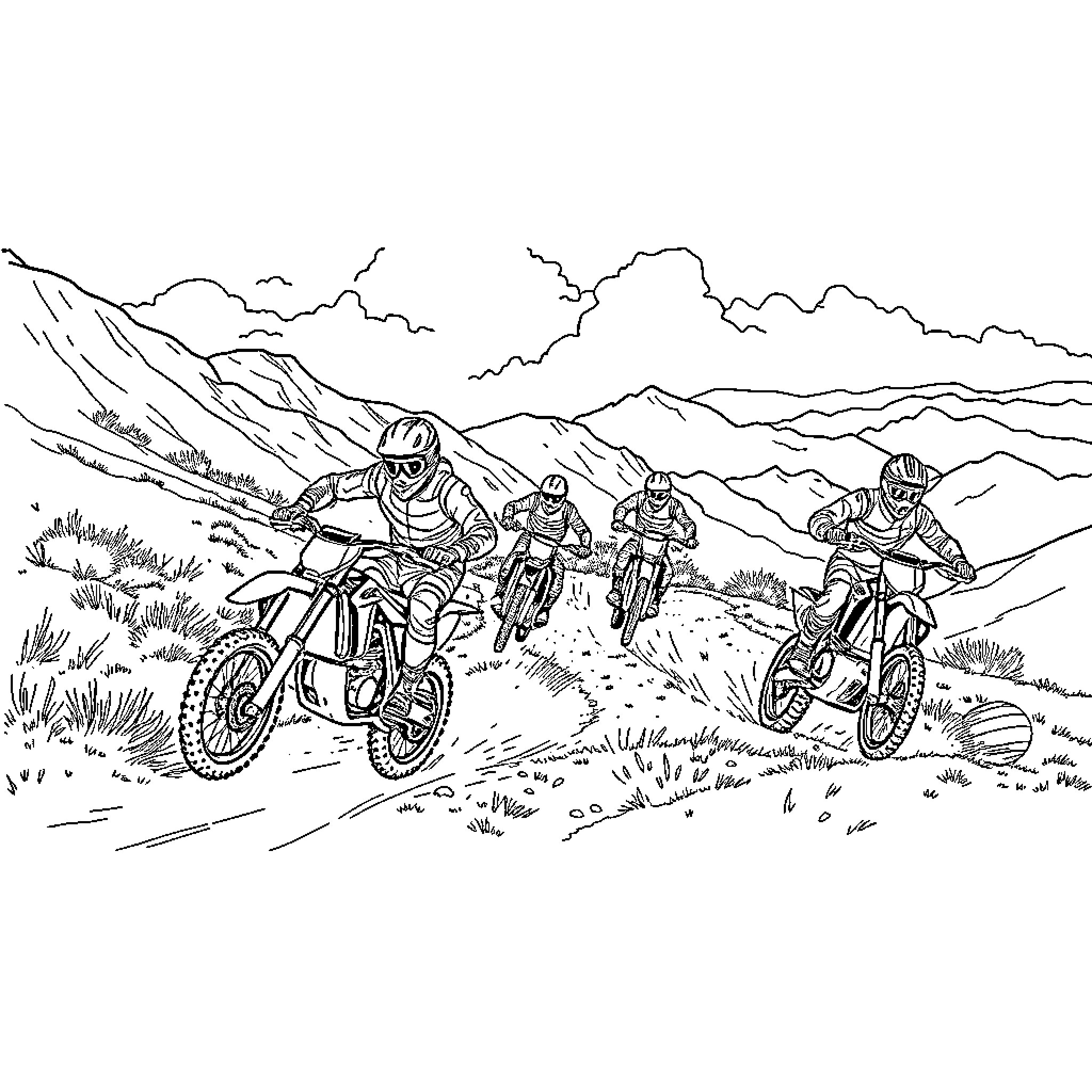 Motocross Riders Navigating Rugged Terrain Coloring Page (free black-and-white line drawing printable PDF for all, from beginners to advanced learners, including children, teens, adults, and seniors)