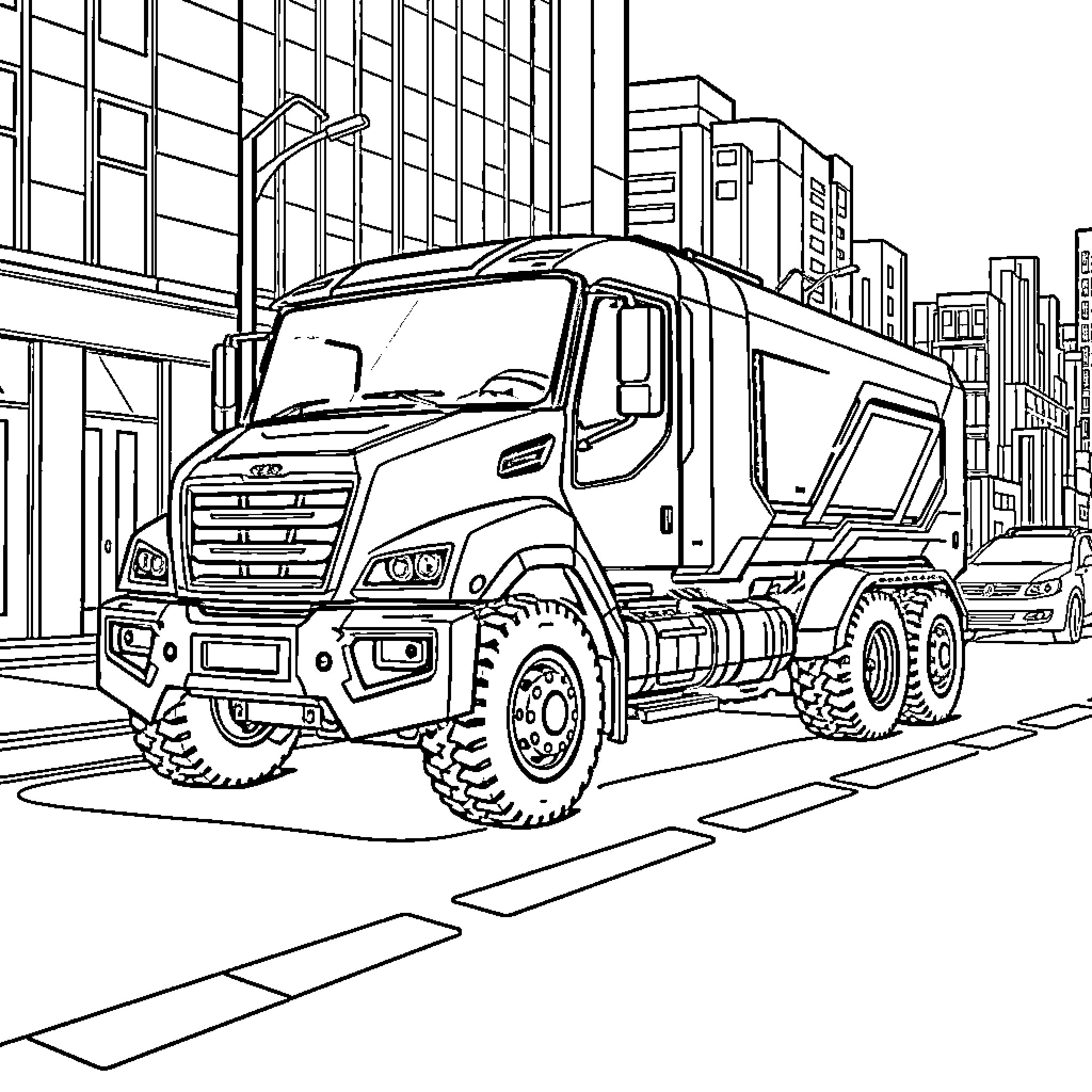 Cyber Truck Powerful Utility Vehicle in Urban Setting Coloring Page (free black-and-white line drawing printable PDF for all, from beginners to advanced learners, including children, teens, adults, and seniors)