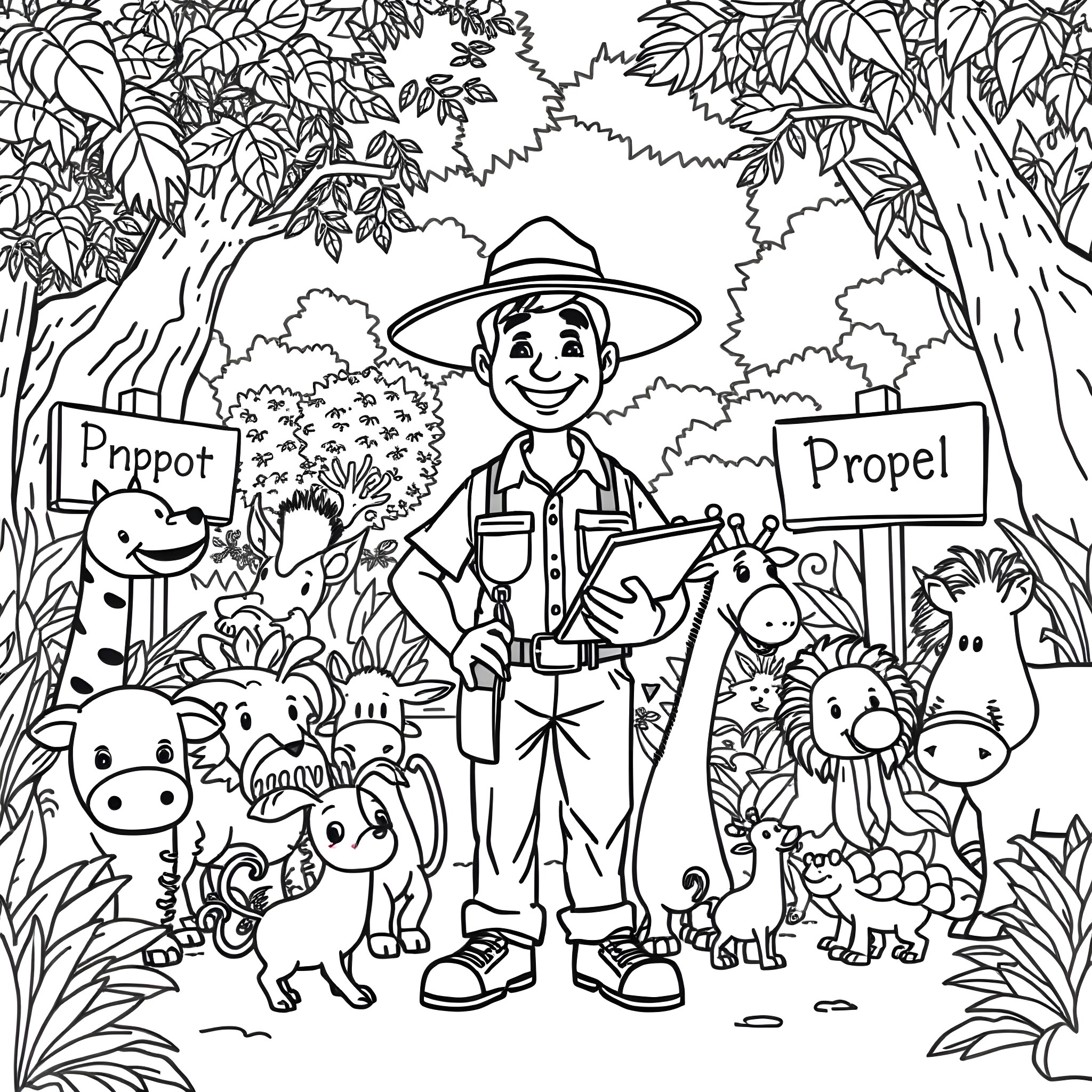 Zookeeper in the jungle with various animals Coloring Page (free black-and-white line drawing printable PDF for all, from beginners to advanced learners, including children, teens, adults, and seniors)
