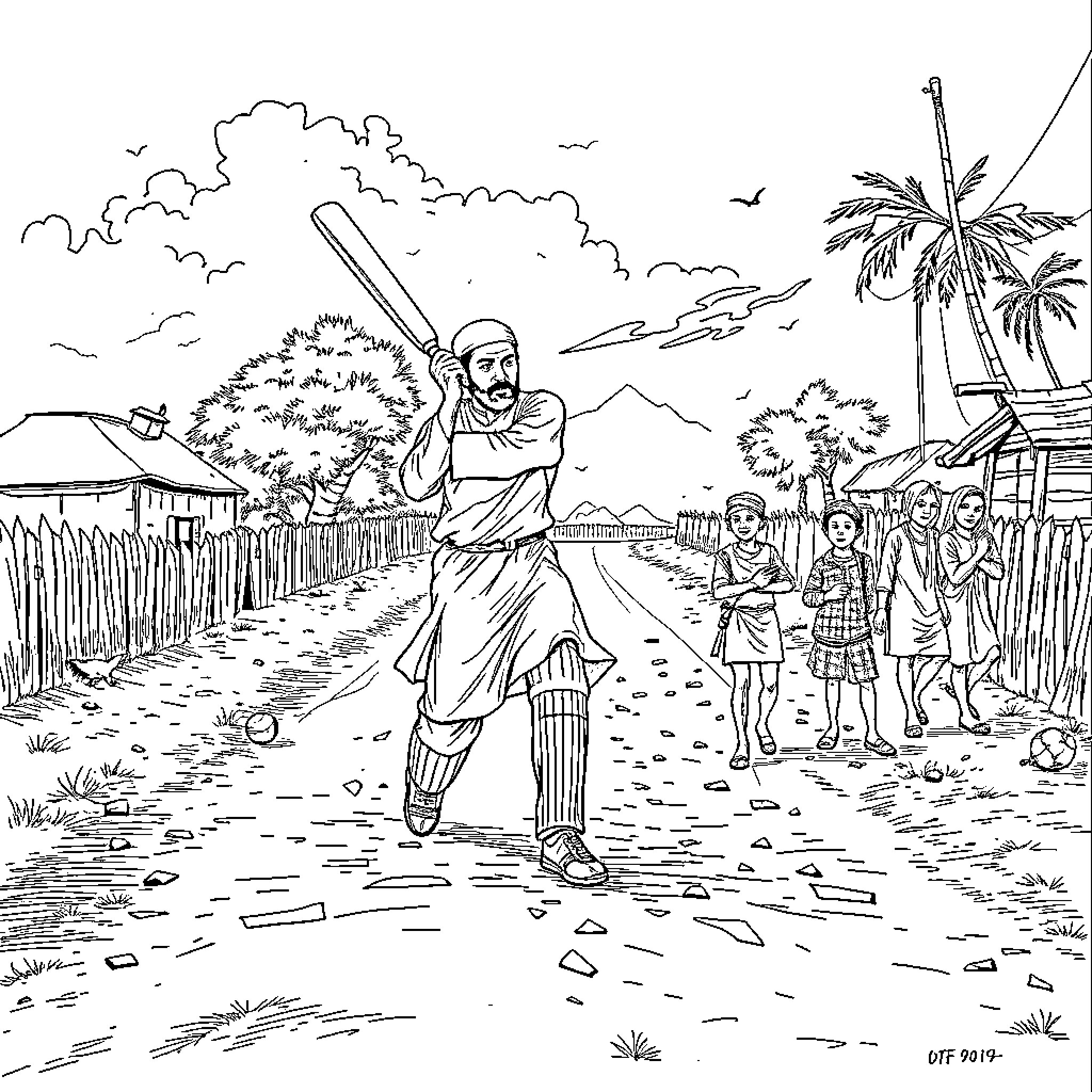 Qaid e Azam playing cricket with children in a village Coloring Page (free black-and-white line drawing printable PDF for all, from beginners to advanced learners, including children, teens, adults, and seniors)