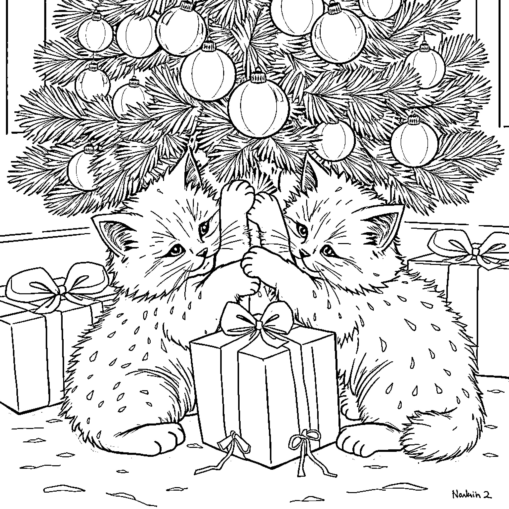 Cat kittens playing with Christmas gifts under tree Coloring Page (free black-and-white line drawing printable PDF for all, from beginners to advanced learners, including children, teens, adults, and seniors)