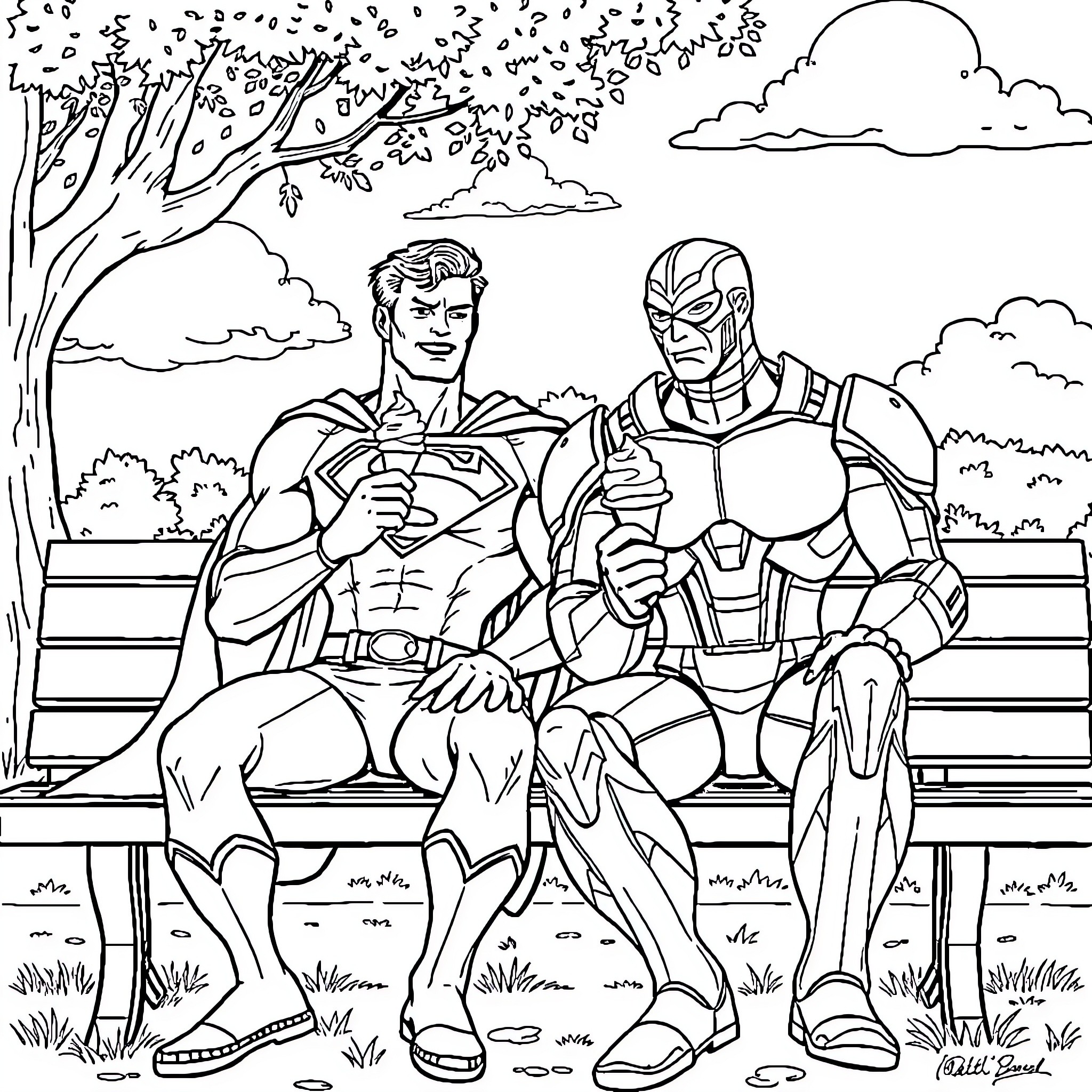 Superman and superhero friend sitting on park bench Coloring Page (free black-and-white line drawing printable PDF for all, from beginners to advanced learners, including children, teens, adults, and seniors)