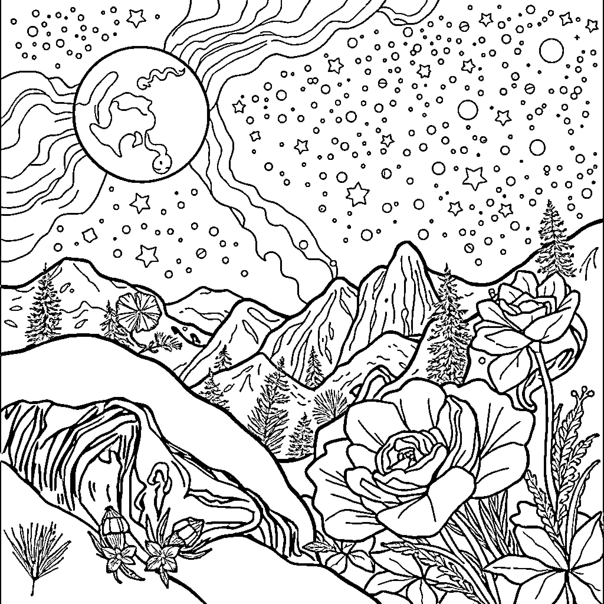 Tree-filled landscape with celestial elements Coloring Page (free black-and-white line drawing printable PDF for all, from beginners to advanced learners, including children, teens, adults, and seniors)