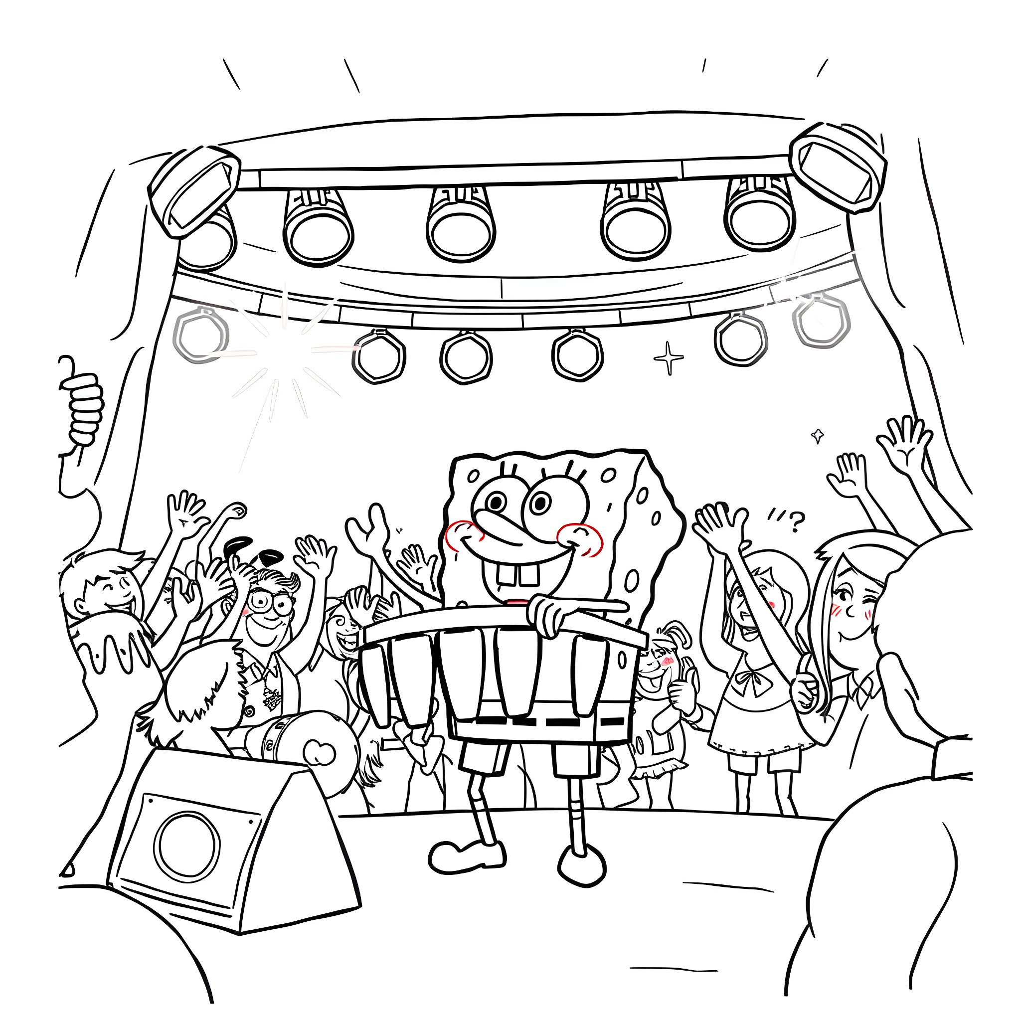 Spongebob performing on stage with friends Coloring Page (free black-and-white line drawing printable PDF for all, from beginners to advanced learners, including children, teens, adults, and seniors)