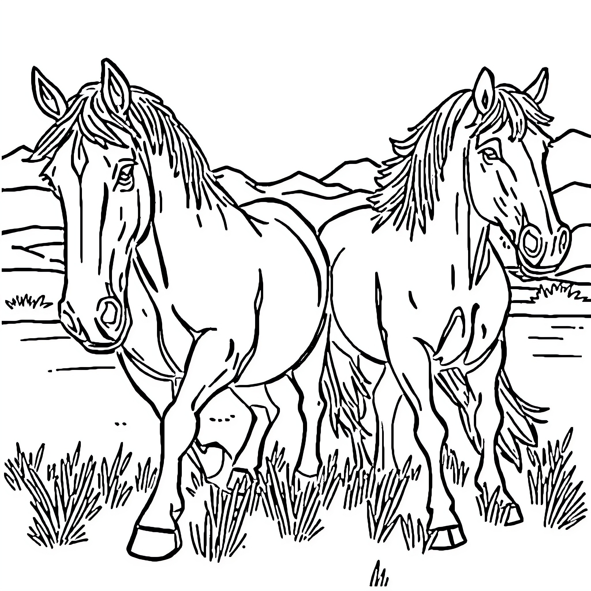 Car with Horses Grazing in the Countryside Coloring Page (free black-and-white line drawing printable PDF for all, from beginners to advanced learners, including children, teens, adults, and seniors)