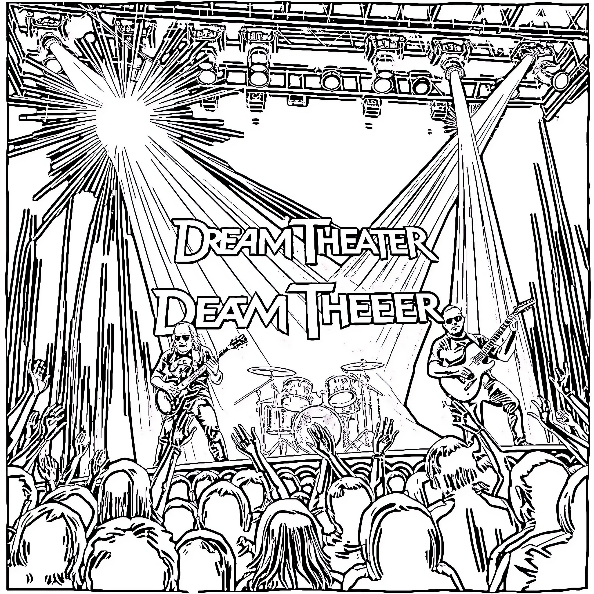 Dream Theater Performing on Stage Coloring Page (free black-and-white line drawing printable PDF for all, from beginners to advanced learners, including children, teens, adults, and seniors)