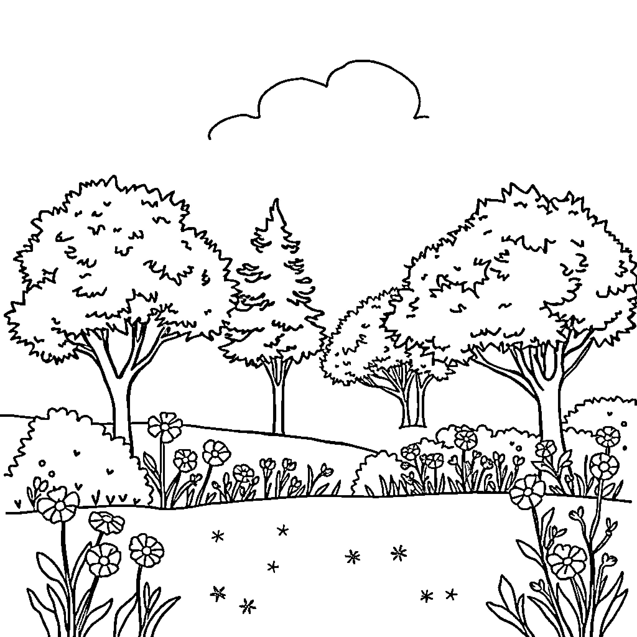 Nature scene with trees and flowers Coloring Page (free black-and-white line drawing printable PDF for all, from beginners to advanced learners, including children, teens, adults, and seniors)