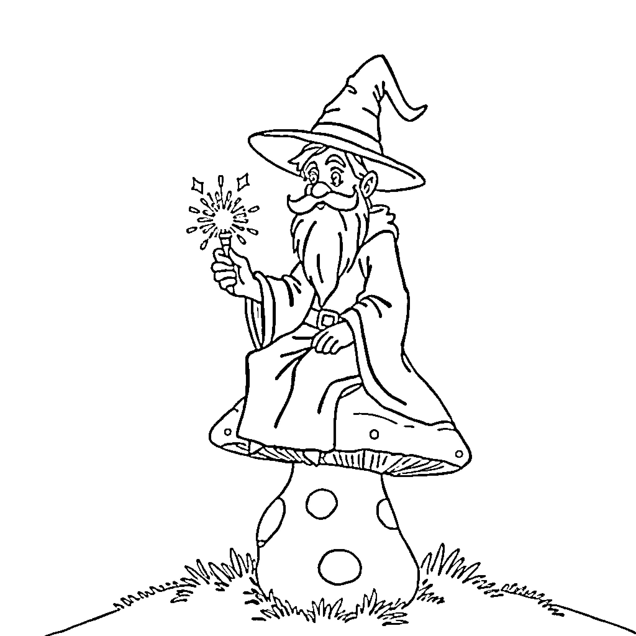 Wizard performing magical trick with sparkles Coloring Page (free black-and-white line drawing printable PDF for all, from beginners to advanced learners, including children, teens, adults, and seniors)