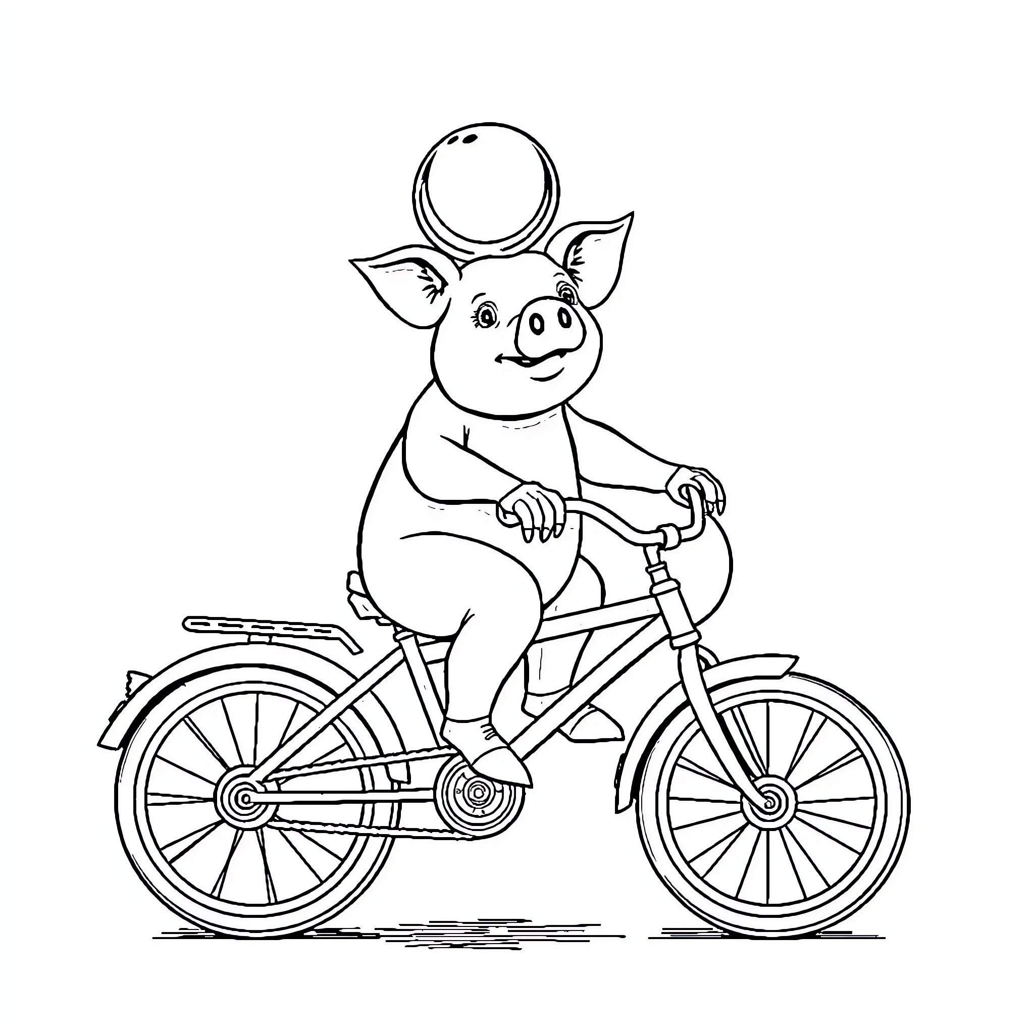 Pig riding a bicycle cheerfully Coloring Page (free black-and-white line drawing printable PDF for all, from beginners to advanced learners, including children, teens, adults, and seniors)
