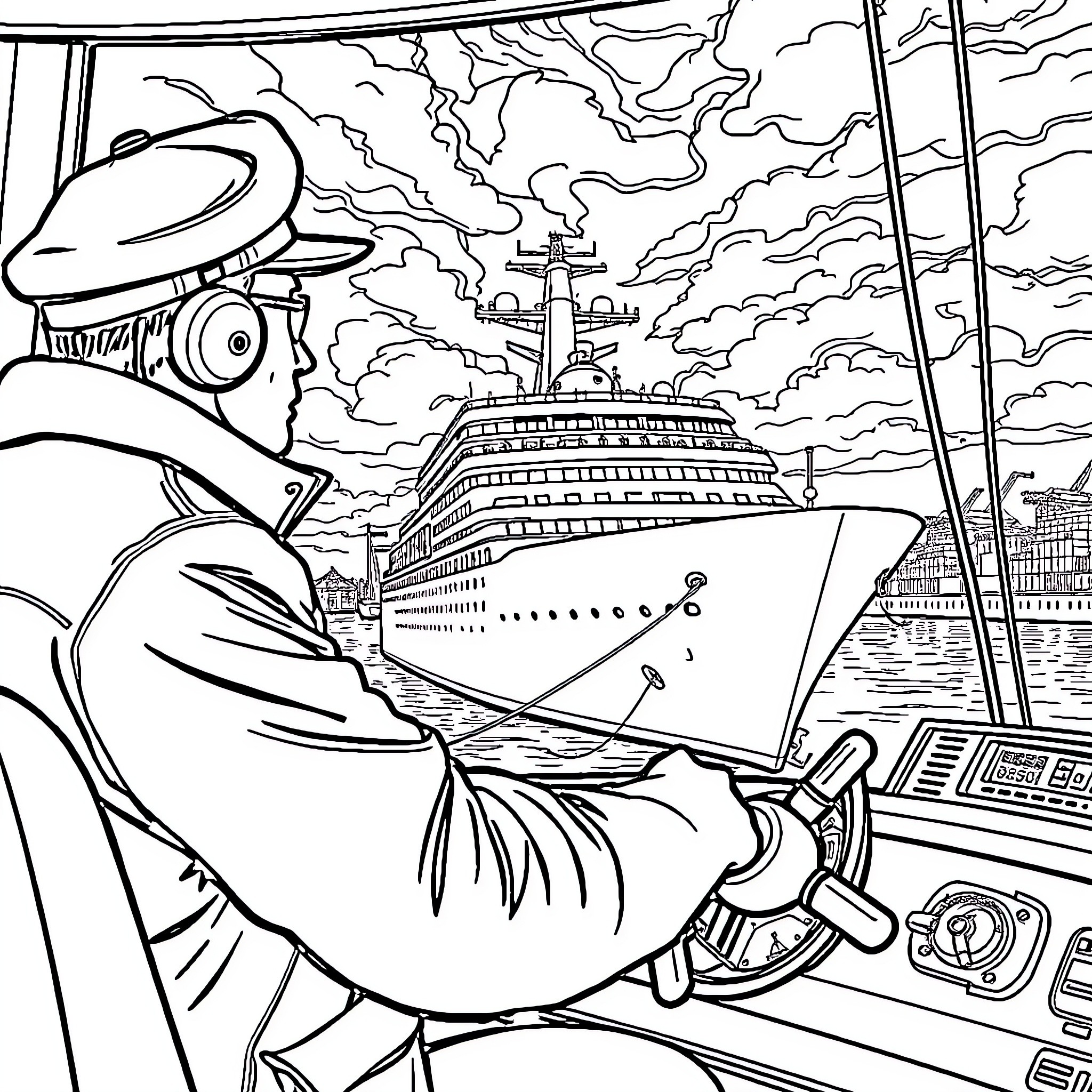 Harbor Pilot Guiding a Massive Cruise Ship into Port Coloring Page (free black-and-white line drawing printable PDF for all, from beginners to advanced learners, including children, teens, adults, and seniors)