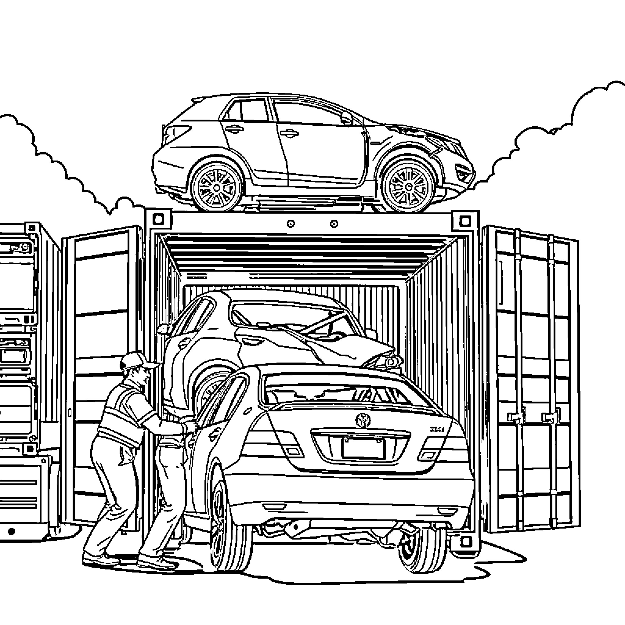 Loading Team Preparing Vehicles for Shipment Coloring Page (free black-and-white line drawing printable PDF for all, from beginners to advanced learners, including children, teens, adults, and seniors)