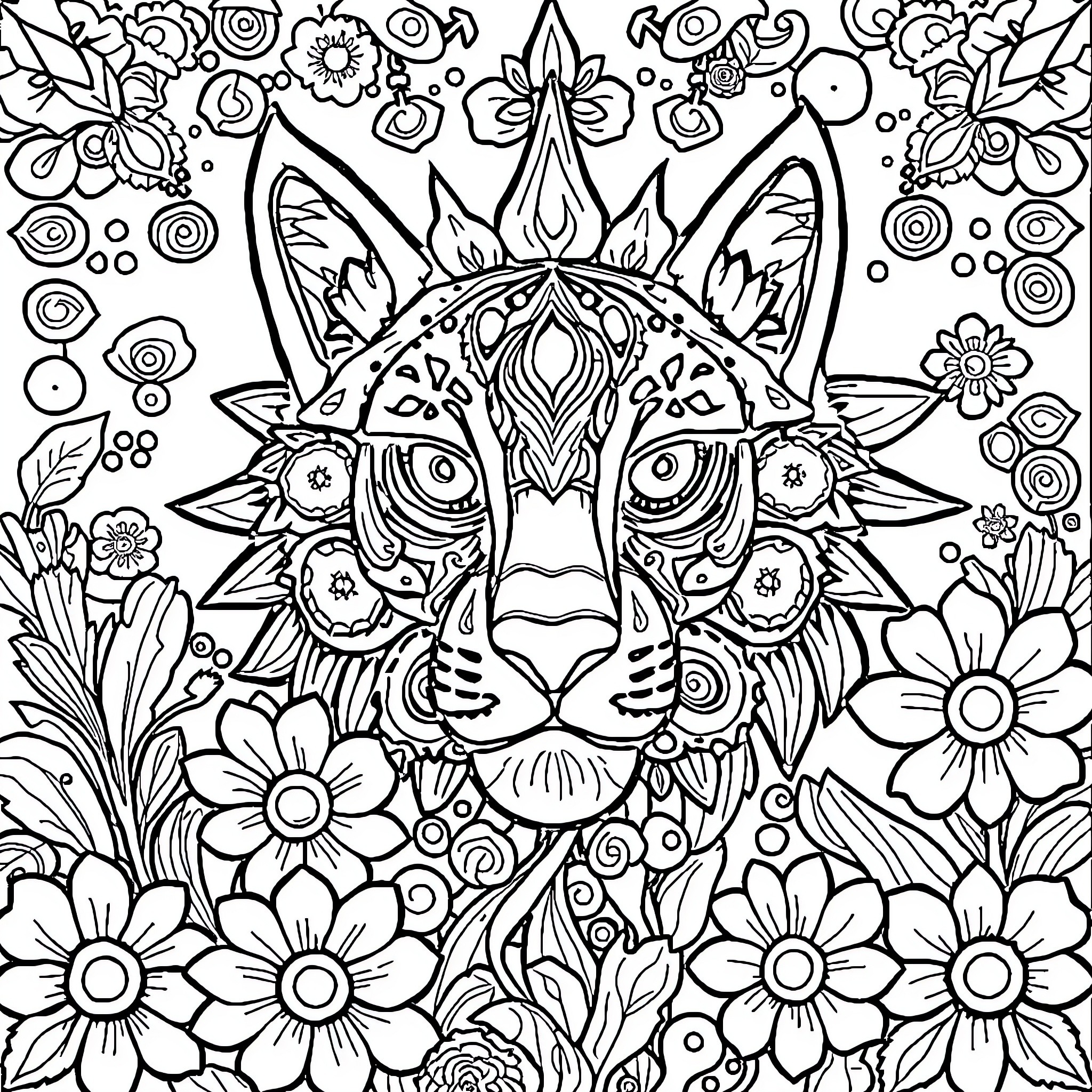 Alphabet Floral Tiger in Vibrant Garden Coloring Page (free black-and-white line drawing printable PDF for all, from beginners to advanced learners, including children, teens, adults, and seniors)
