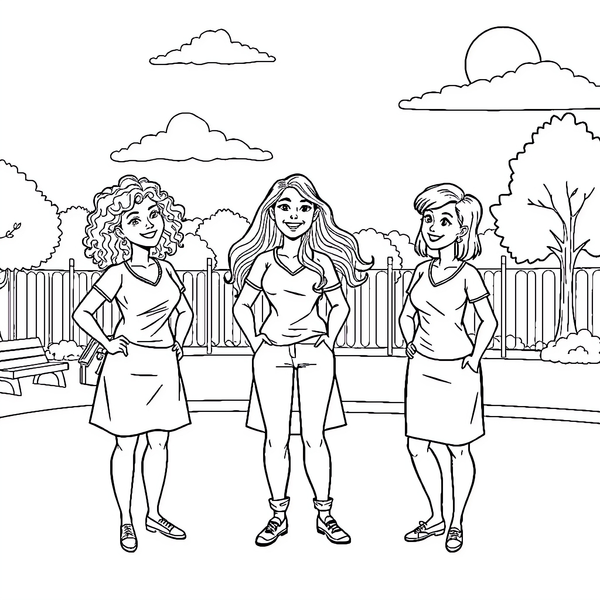Teacher's picnic outing with students in the park Coloring Page (free black-and-white line drawing printable PDF for all, from beginners to advanced learners, including children, teens, adults, and seniors)