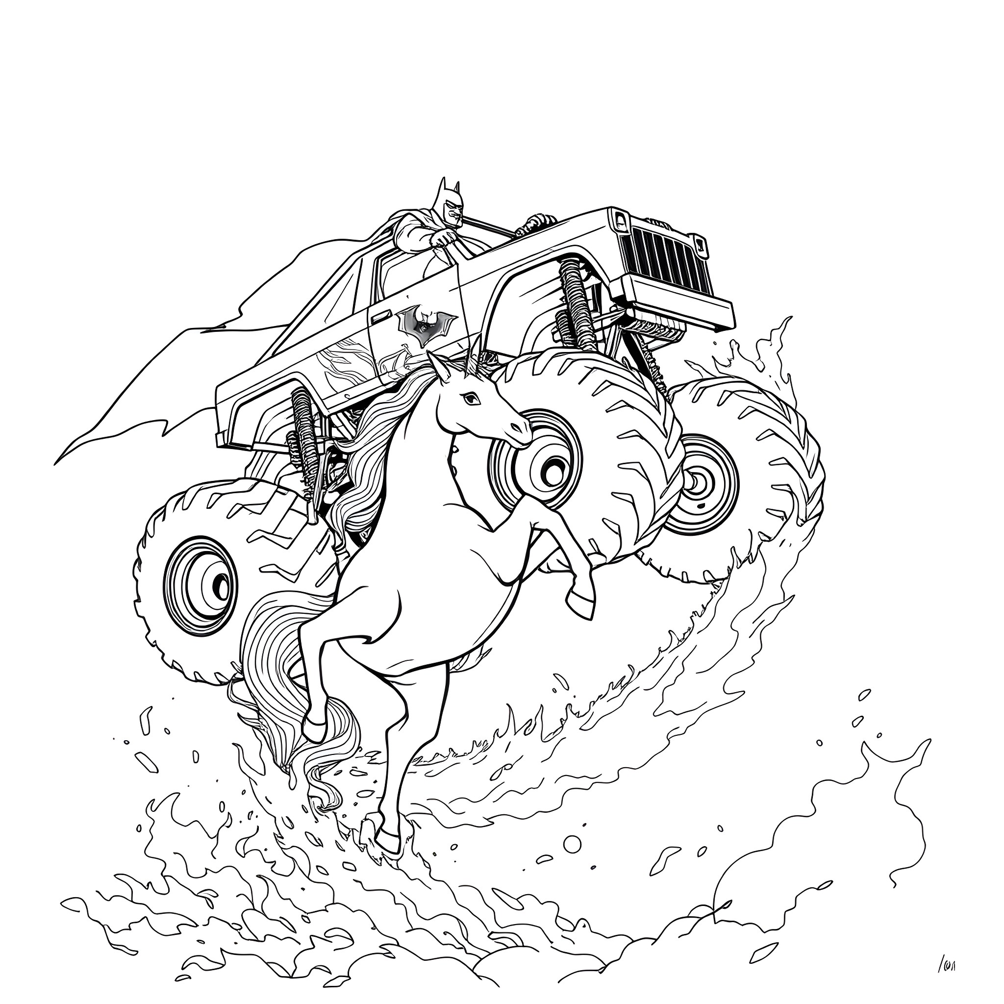 Monster Truck Crushing Unicorn in Dust Cloud Coloring Page (free black-and-white line drawing printable PDF for all, from beginners to advanced learners, including children, teens, adults, and seniors)