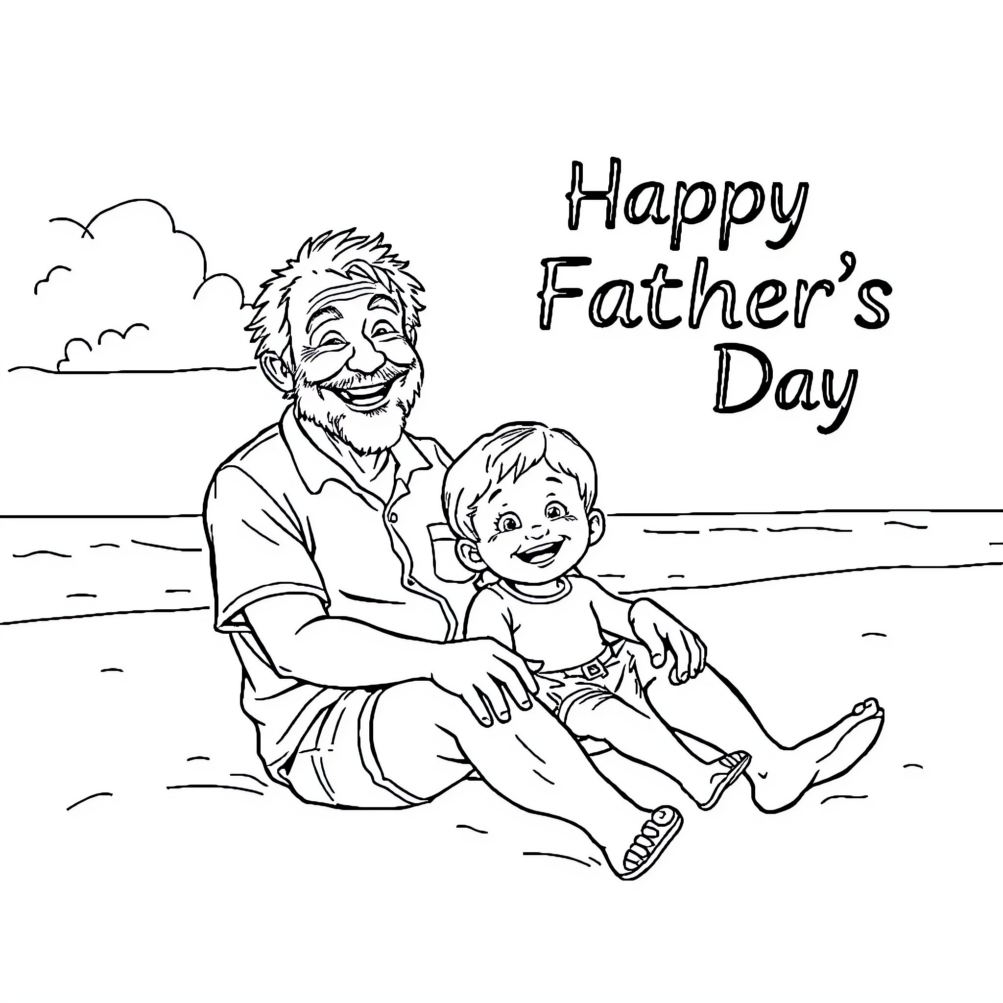Father and son enjoying time together on the beach Coloring Page (free black-and-white line drawing printable PDF for all, from beginners to advanced learners, including children, teens, adults, and seniors)
