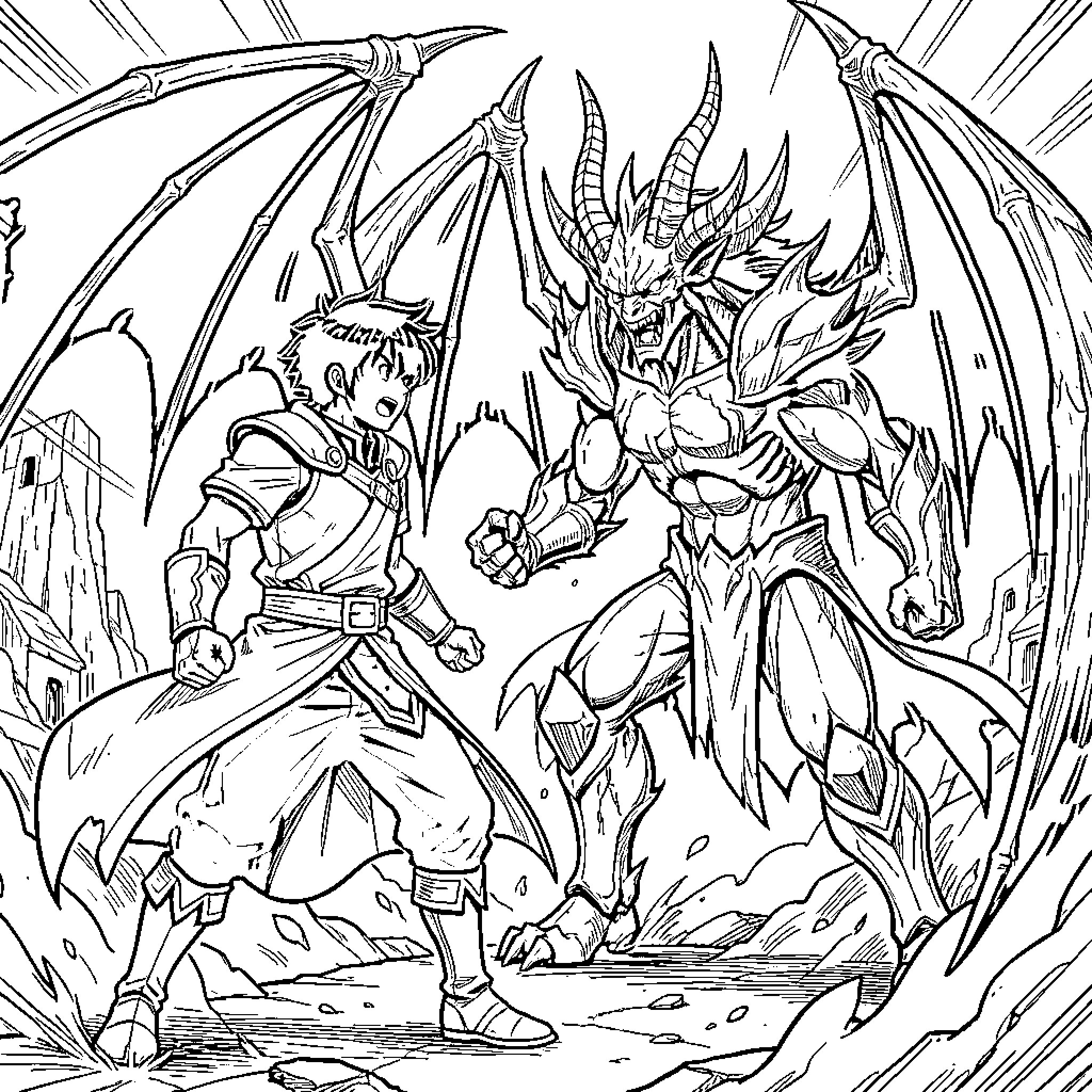 Anime Hero Battling a Fierce Dragon Coloring Page (free black-and-white line drawing printable PDF for all, from beginners to advanced learners, including children, teens, adults, and seniors)