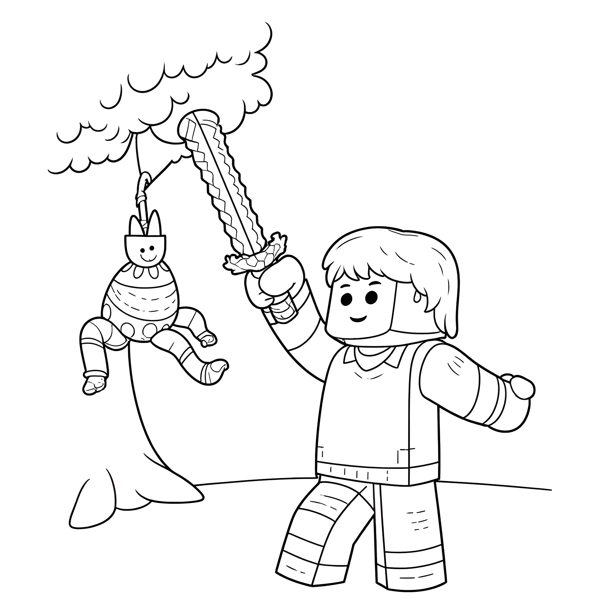 Steve exploring fantastical imaginative world with toy sword Coloring Page (free black-and-white line drawing printable PDF for all, from beginners to advanced learners, including children, teens, adults, and seniors)