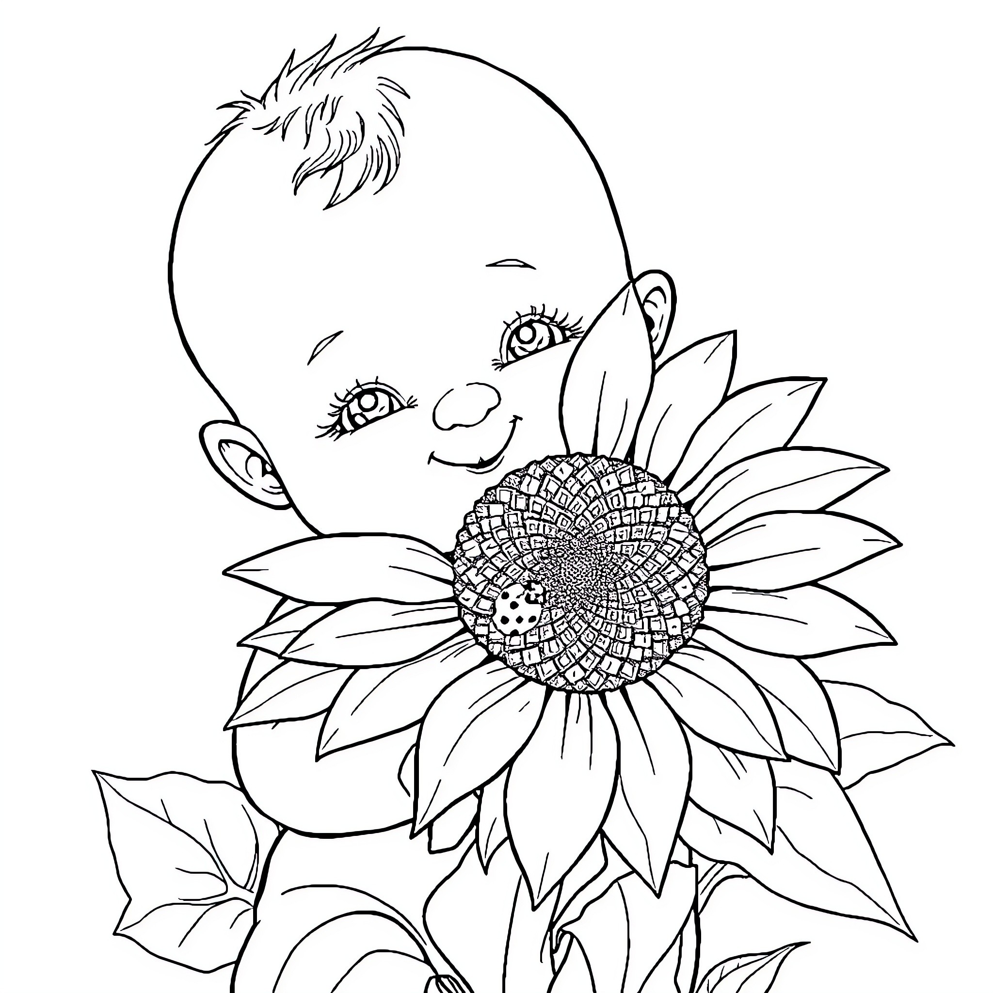Baby peeking out from sunflower garden Coloring Page (free black-and-white line drawing printable PDF for all, from beginners to advanced learners, including children, teens, adults, and seniors)
