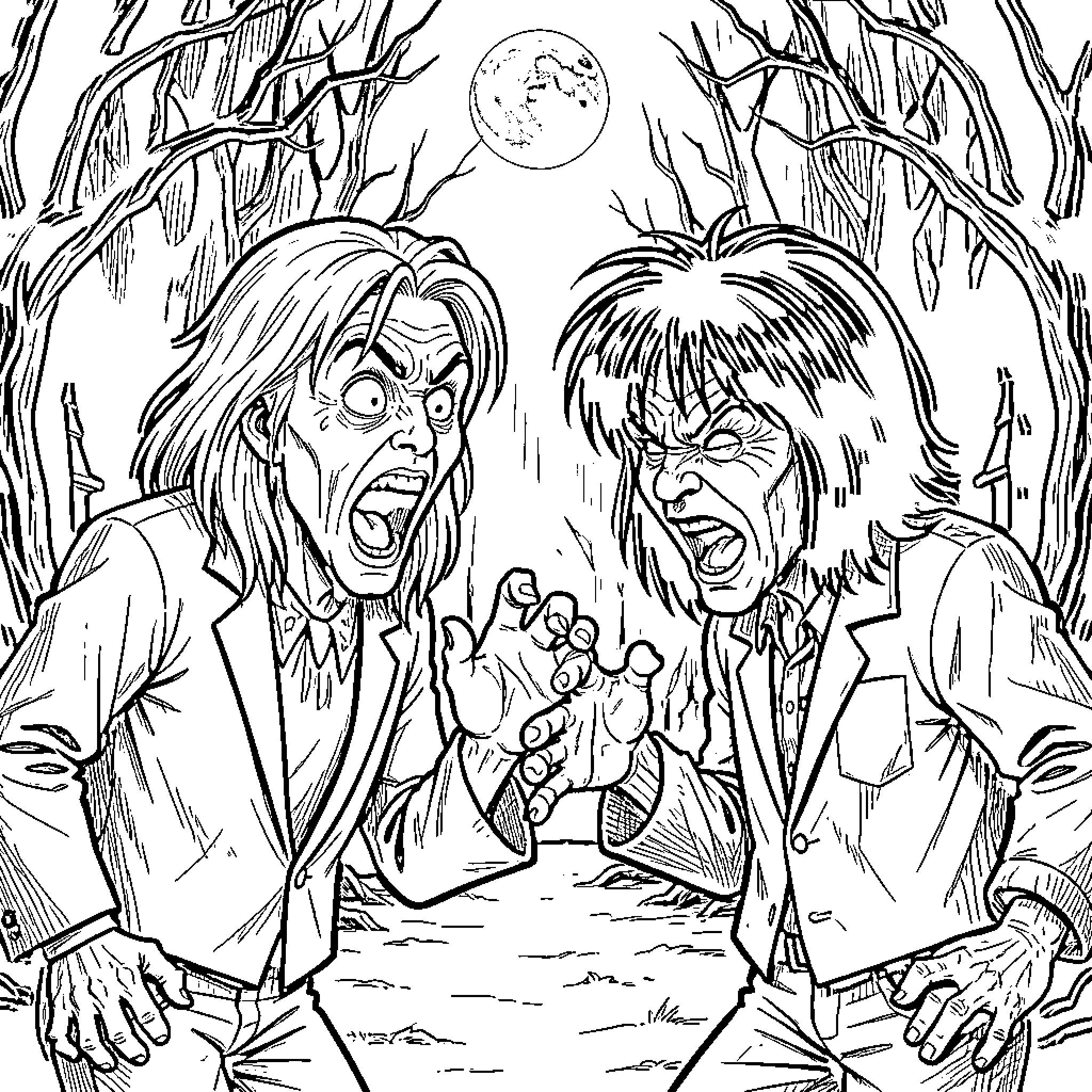 Scream of the Terrified Figures in the Haunting Forest Coloring Page (free black-and-white line drawing printable PDF for all, from beginners to advanced learners, including children, teens, adults, and seniors)