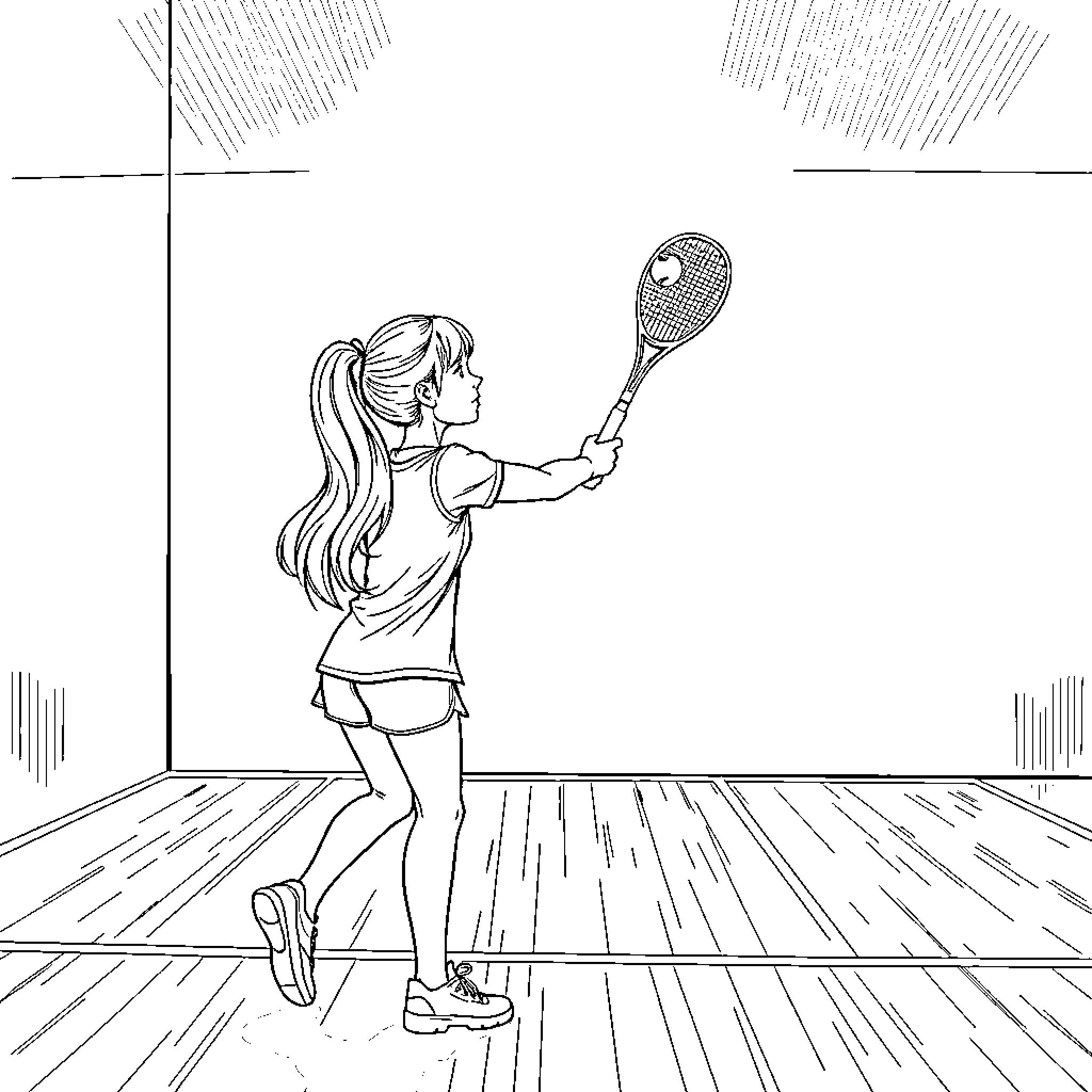 Girl playing tennis on a court Coloring Page (free black-and-white line drawing printable PDF for all, from beginners to advanced learners, including children, teens, adults, and seniors)