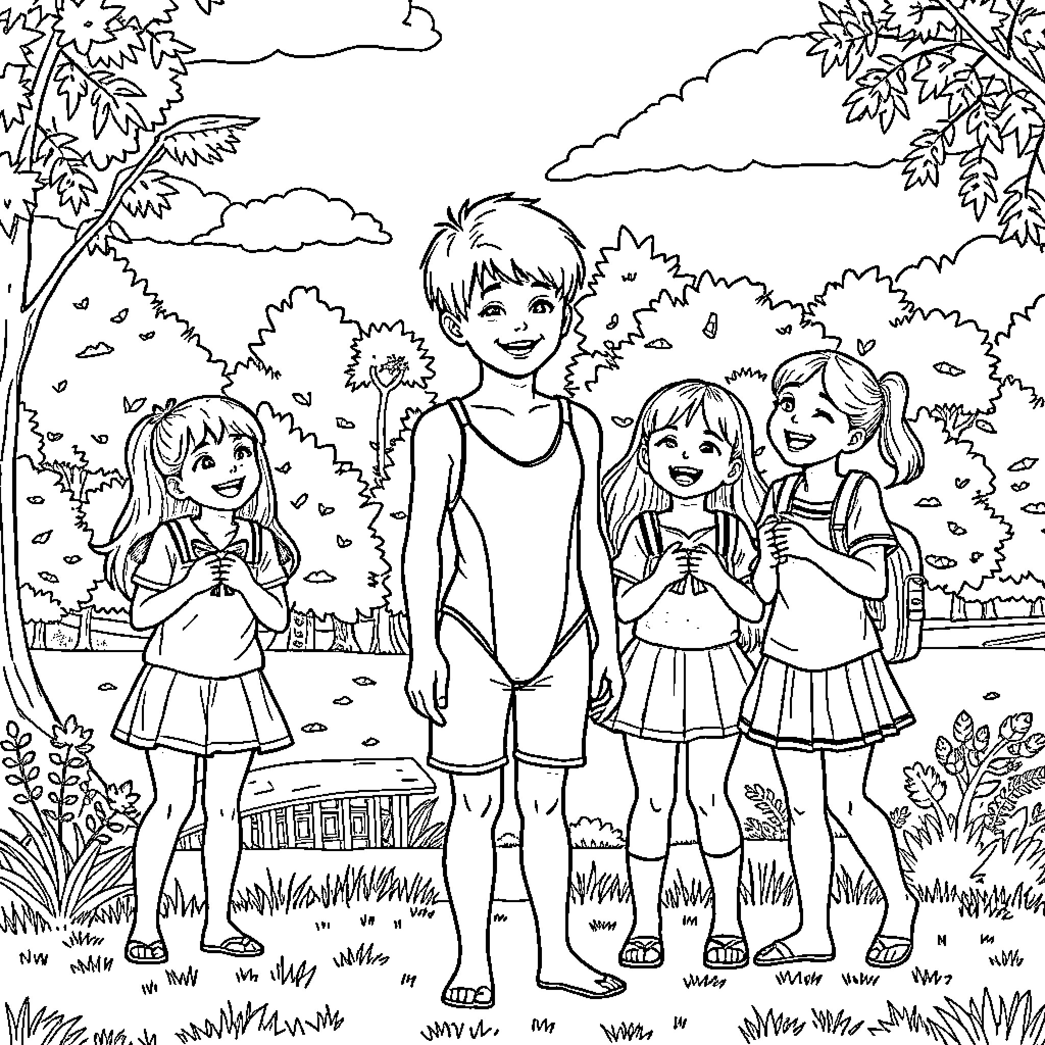 Boy Enjoying Outdoor Fun with Friends Coloring Page (free black-and-white line drawing printable PDF for all, from beginners to advanced learners, including children, teens, adults, and seniors)
