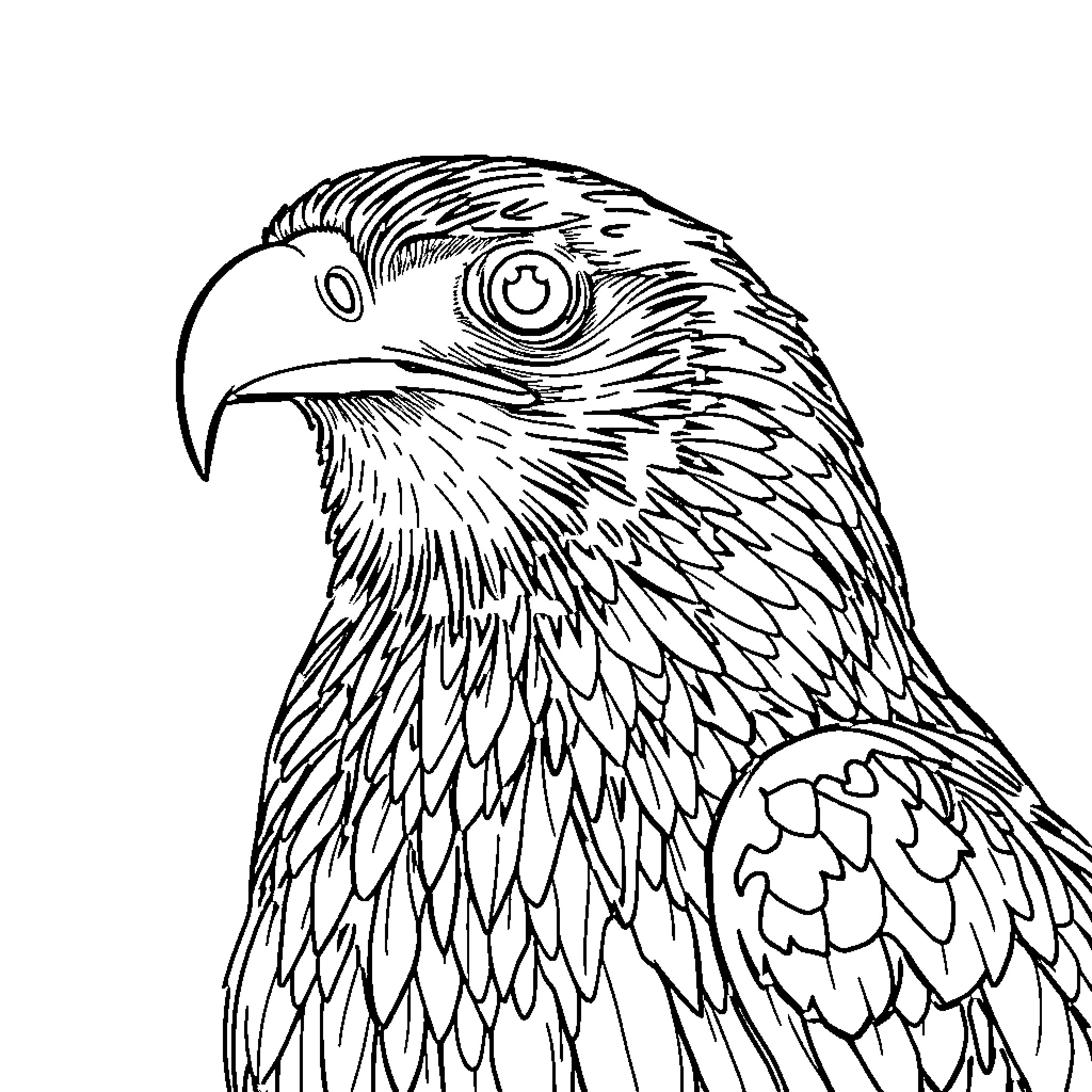 Buzzard gazing intently with detailed feathers Coloring Page (free black-and-white line drawing printable PDF for all, from beginners to advanced learners, including children, teens, adults, and seniors)