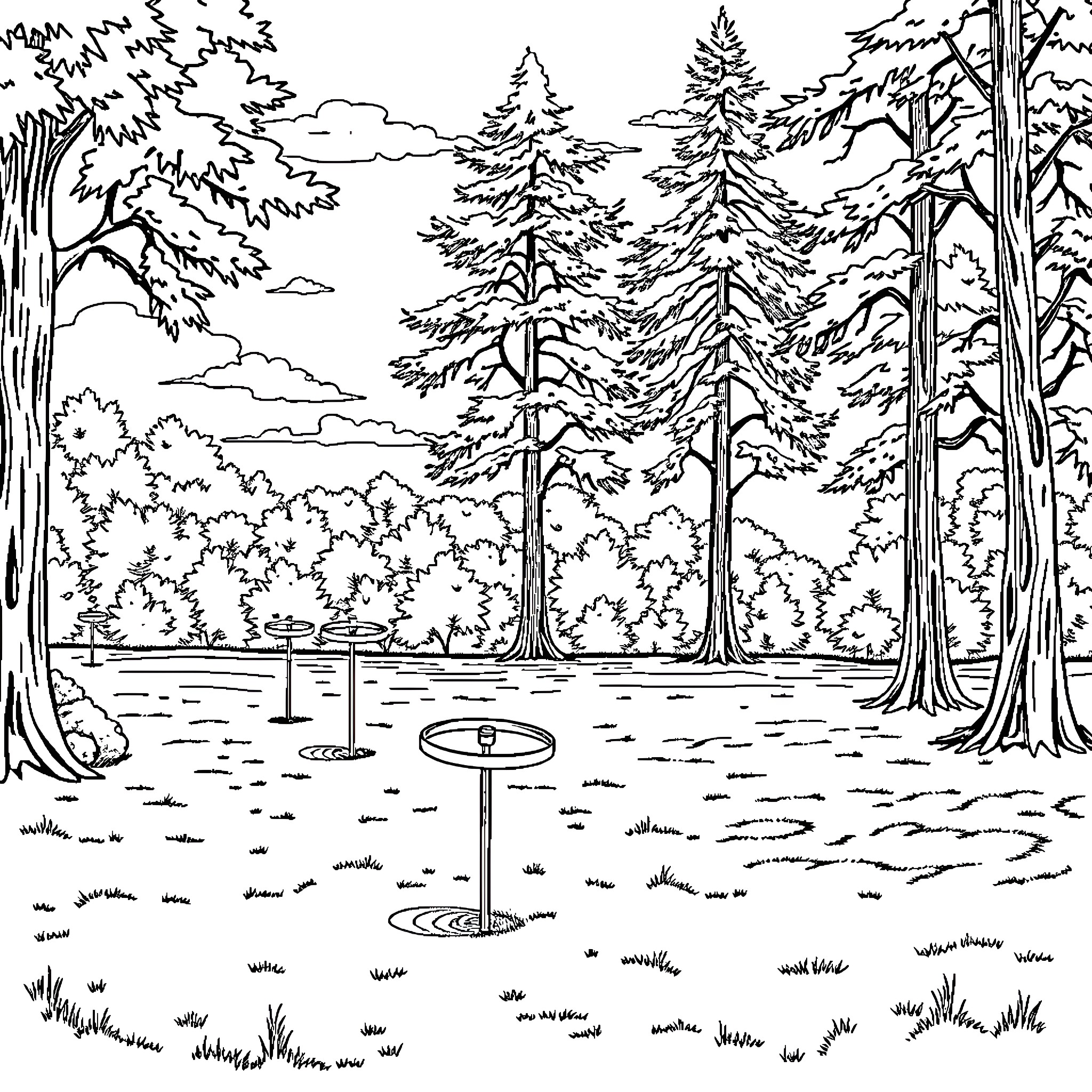 Disc Golf in the Serene Forest Coloring Page (free black-and-white line drawing printable PDF for all, from beginners to advanced learners, including children, teens, adults, and seniors)