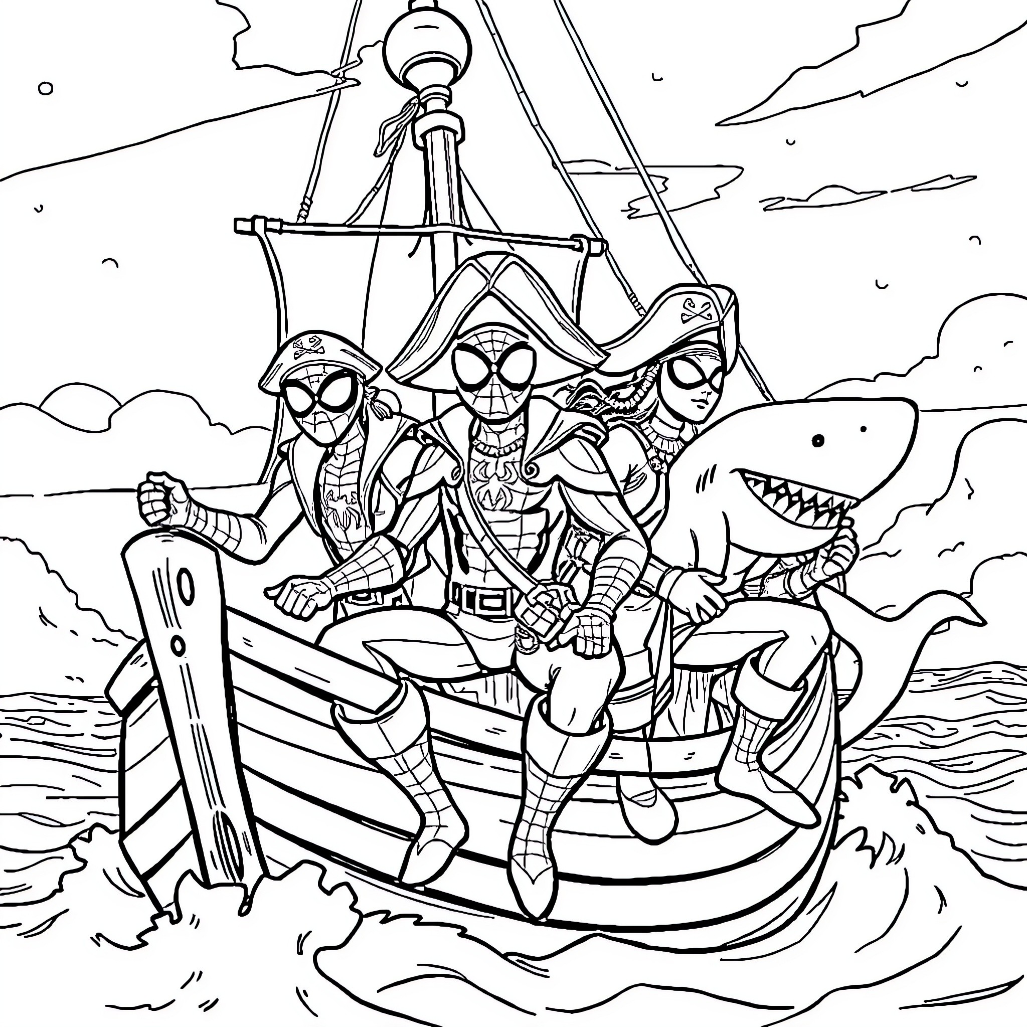 Spidey trio battling shark on pirate ship Coloring Page (free black-and-white line drawing printable PDF for all, from beginners to advanced learners, including children, teens, adults, and seniors)